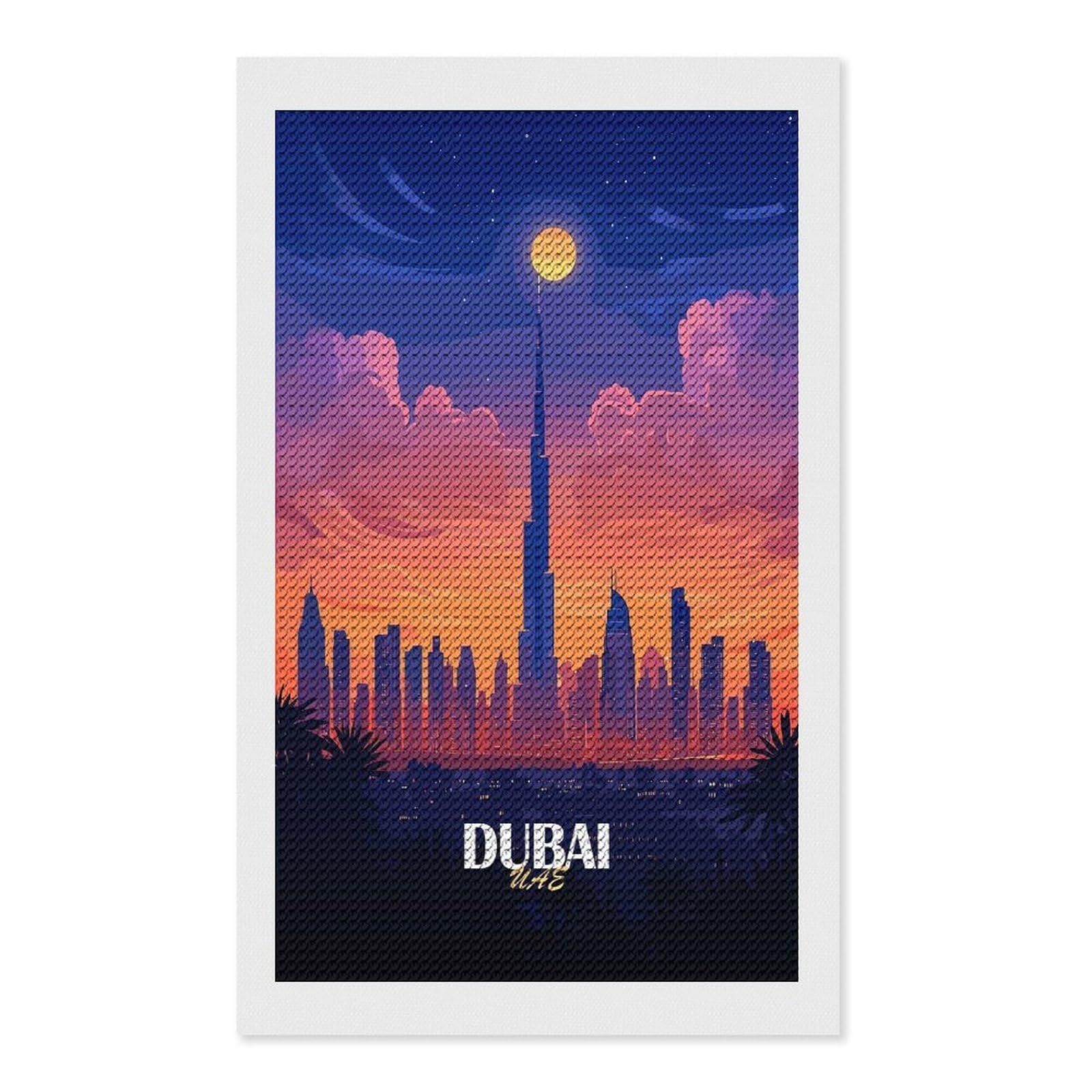 Junmoney Dubai Skyline at Sunset Full Drill Diamond Painting Kit 12"x20", Sparkling Round Gems, Decorate Your Room, Mindful Craft Activity
