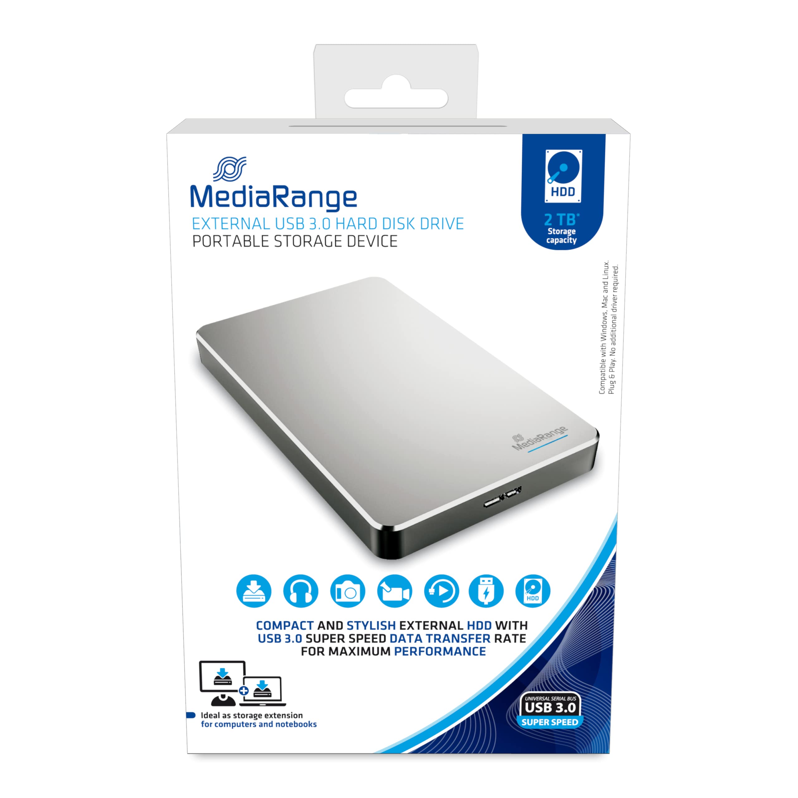 MediaRange Disque Dur Externe Portable USB 3.0 en Aluminium Argenté 2,5