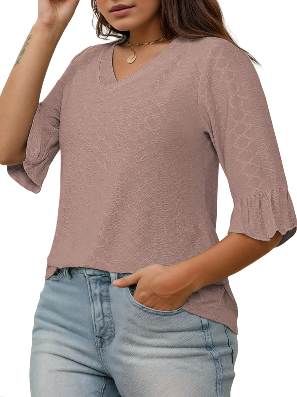 VISLILY Womens-Plus-Size-V-Neck-Tops Dressy 3/4 Length Ruffle Sleeve T Shirts Trendy Eyelet Blouses Casual Loose Tunics 1X-5X - Image 2