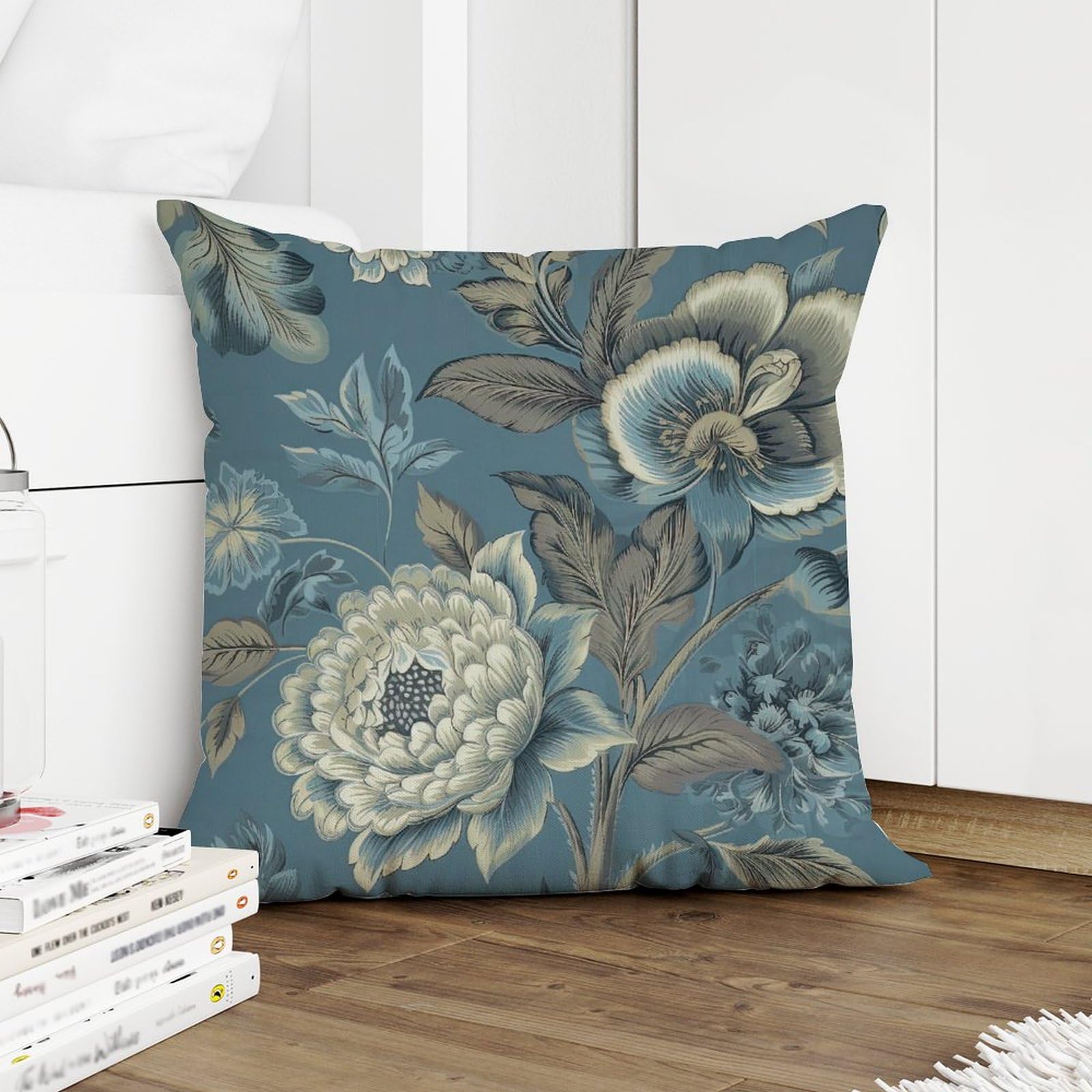 COVOME Spa On Flax Blue Chinoiserie Outdoor Cushion Cases Blue Grey Asian Flower Throw Pillow Cover Accent Waterproof Throw Pillow Covers for Patio Furniture Tent Garden 24x24 in