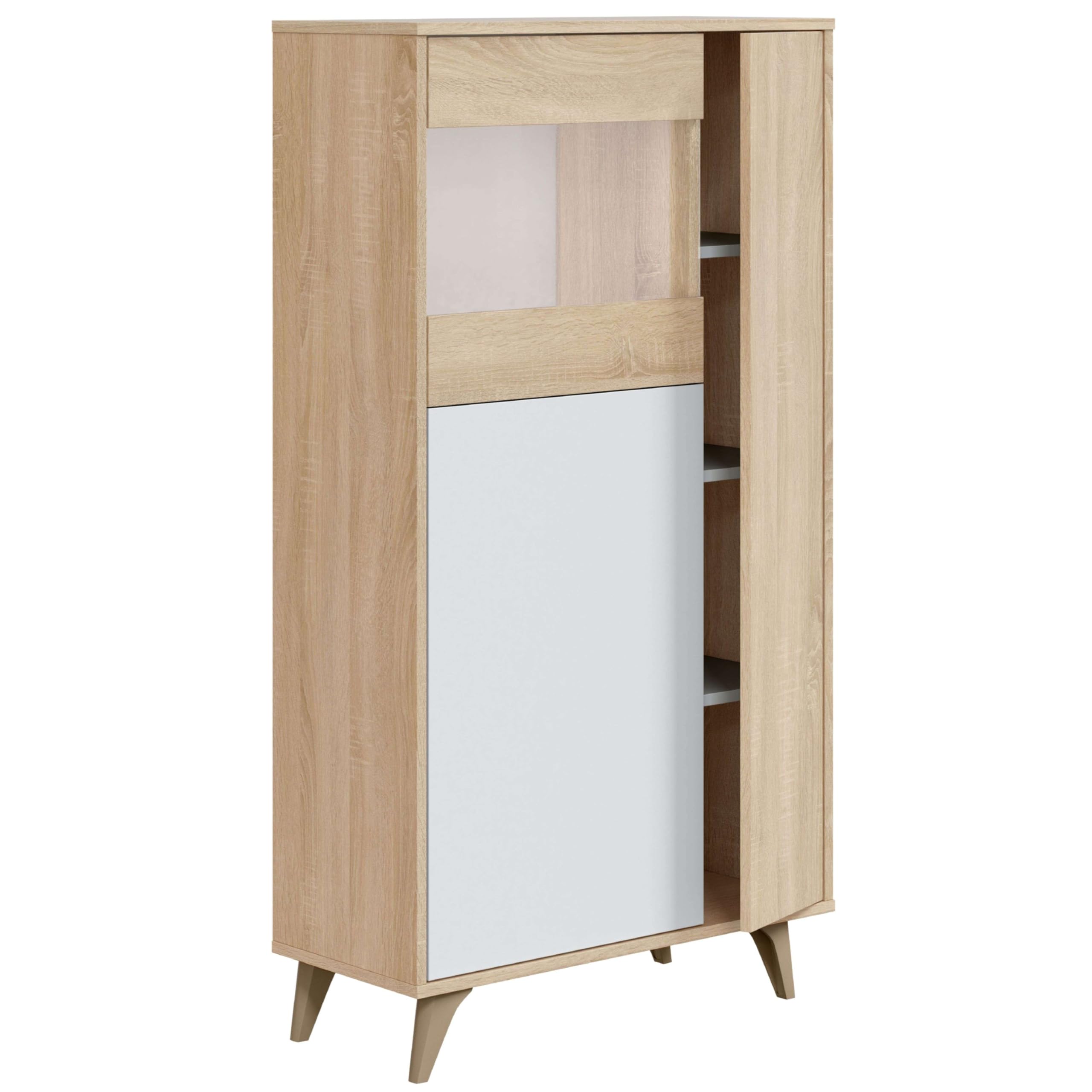 Habitdesign Vitrina con 3 Puertas, Bueffet para salón, Modelo Kikua Plus, Acabado en Blanco Artik y Roble Canadian, Medidas: 77 cm (Ancho) x 142 cm (Alto) x 33 cm (Fondo)