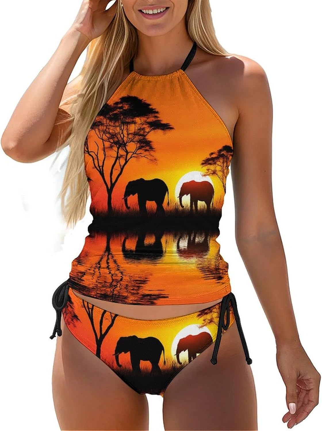 African Elephants in Sunset Novelty Women's Swimwear Set 2 Pcs Tankini String Swimsuits Bathing Suits