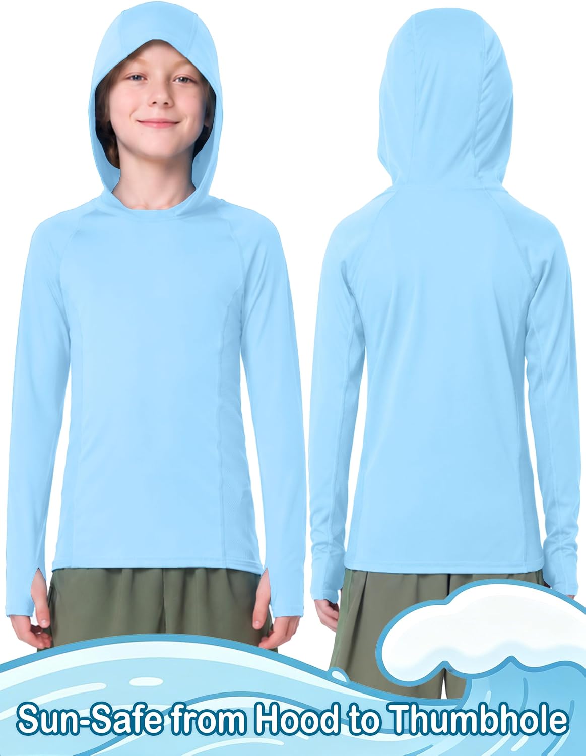 Boys Hooded Rash Guard Fishing Shirt, UPF 50+ Kids Long Sleeve Sun Hoodie, Youth UV Protection Beach Swim Shirts