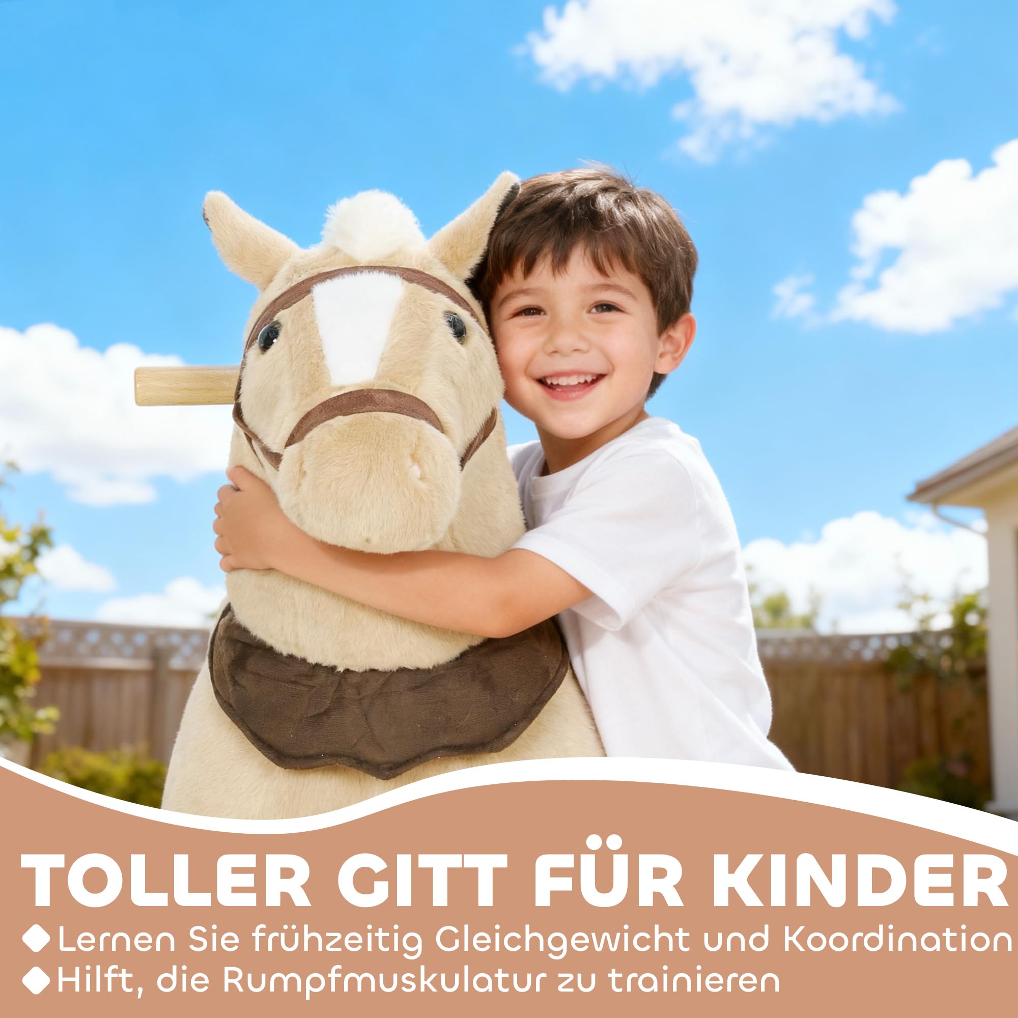 AIYAPLAY Reitpferd, Spielpferd zum Reiten mit Sattel Rollen, 80 cm Stehpferd, Plüschpferd für Kinder 3-5 Jahre, bis 25 kg, Braun