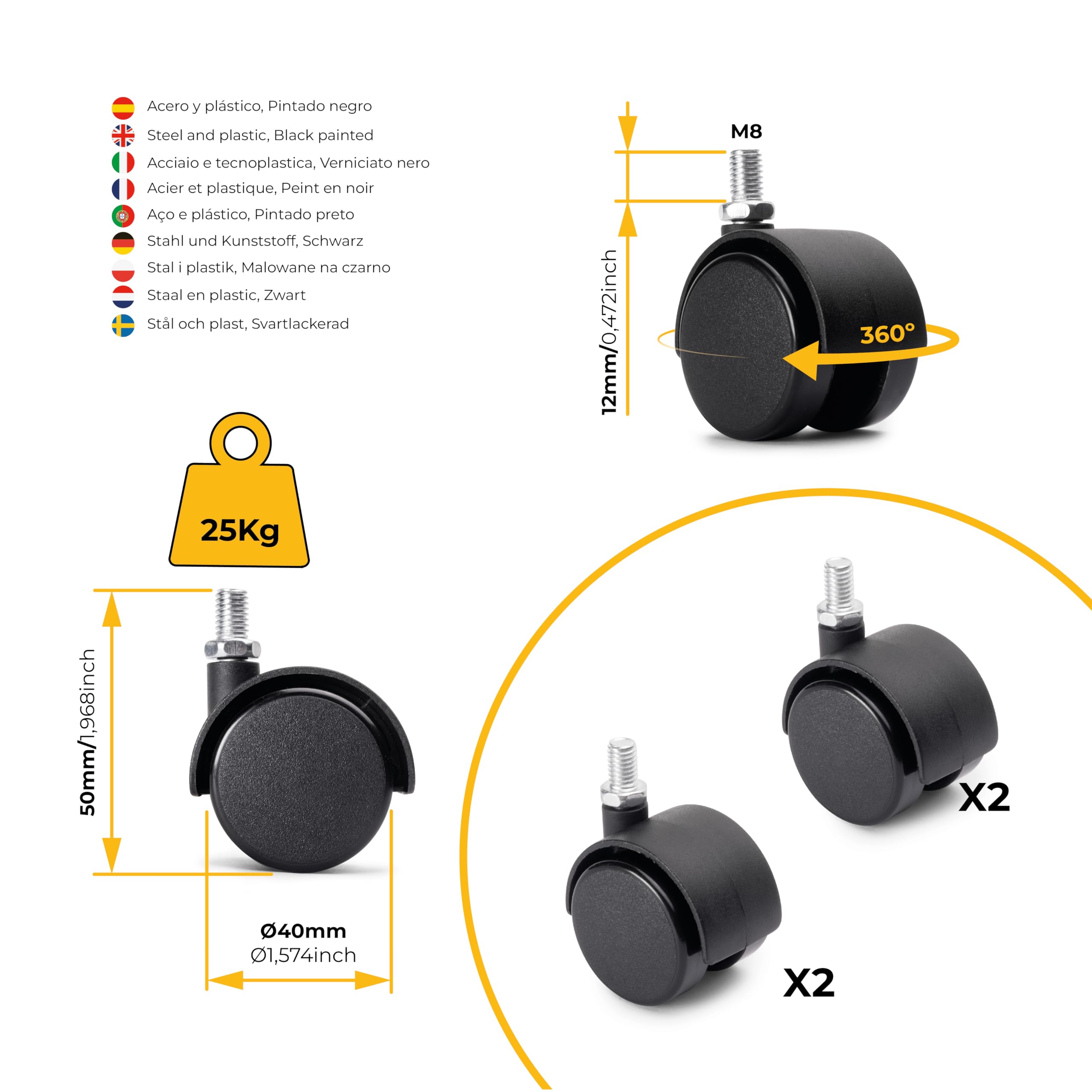 4 Roulettes Pour Meuble Sans Frein - Pivotantes, Plaque Métal, Roues Plastique 40 Mm, Neuf, Marque BK