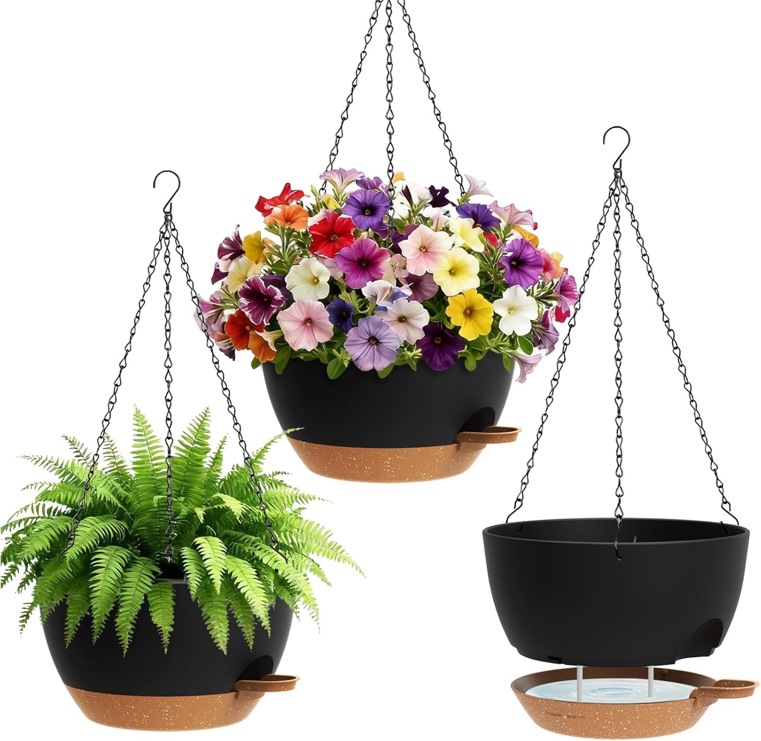 SQOKHT 25.4cm Hanging Planters for Indoor Outdoor Plants, 3 Pack Plastic Self Watering Hanging Baskets with Drainage Holes and Chain for Garden Porch (Black Brown)