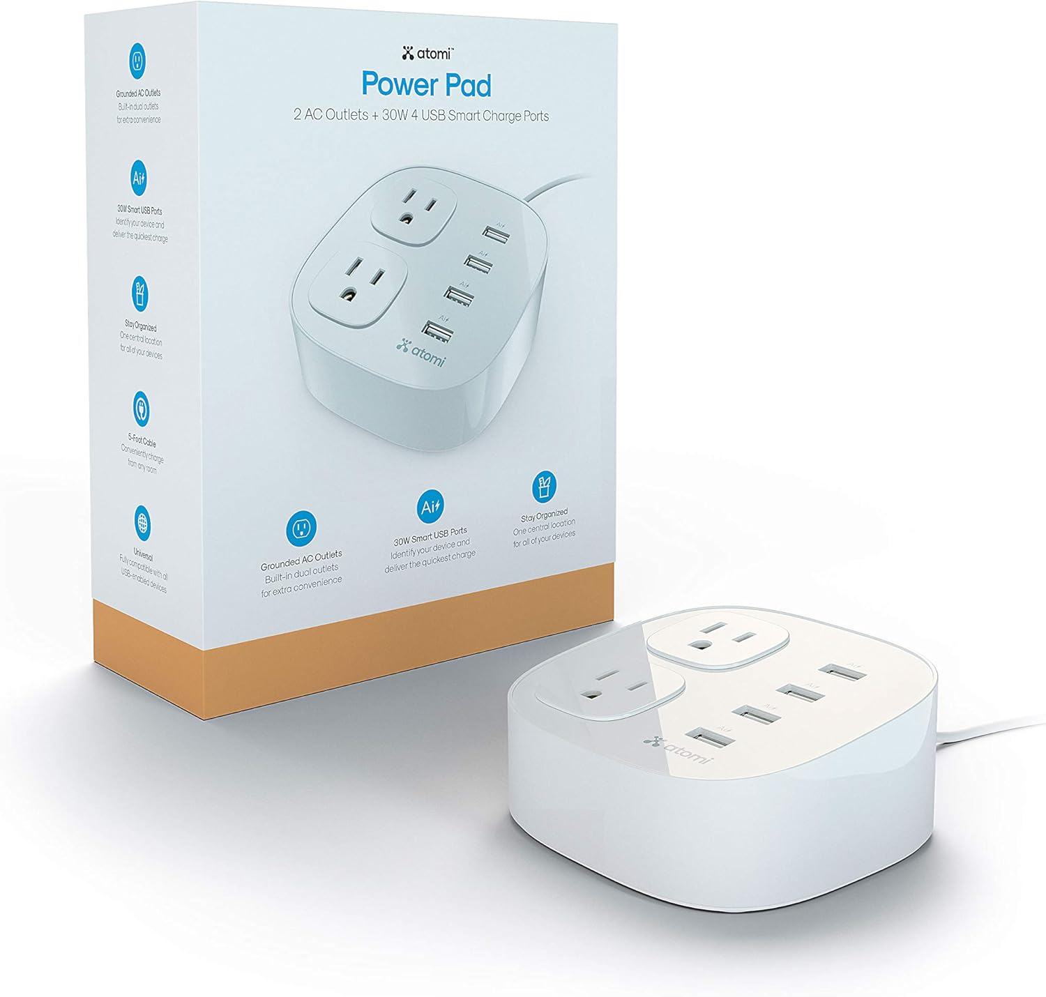 Atomi Power Pad - Desktop Surge Protector, Charging Station, 4 Smart USB Ports, 2 Outlets, Ai Fast-Charge Technology - White