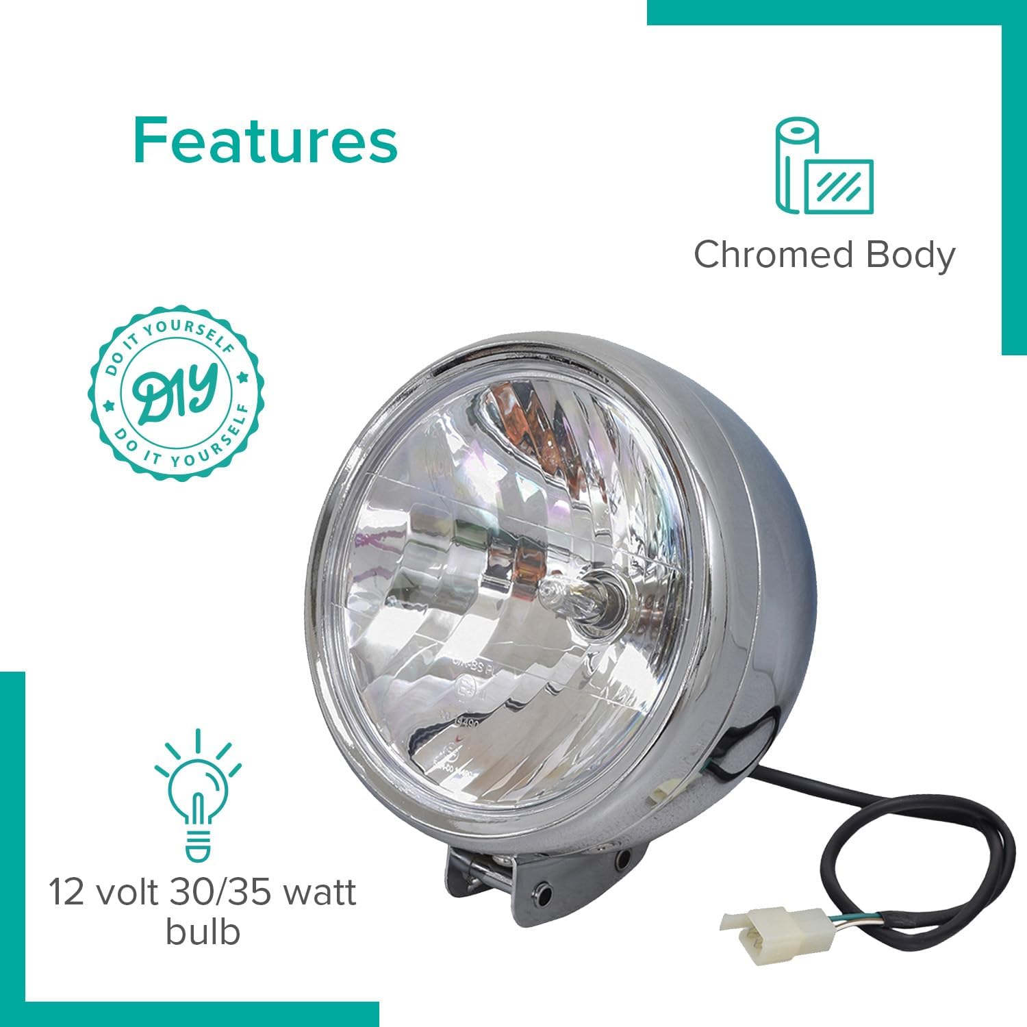 AlveyTech Front Headlight for the Coleman CT200U-EX Mini Bike - Replacement Chrome 12 Volt Head Light with 30 Watt Bulb, CT200U-EX Model Only