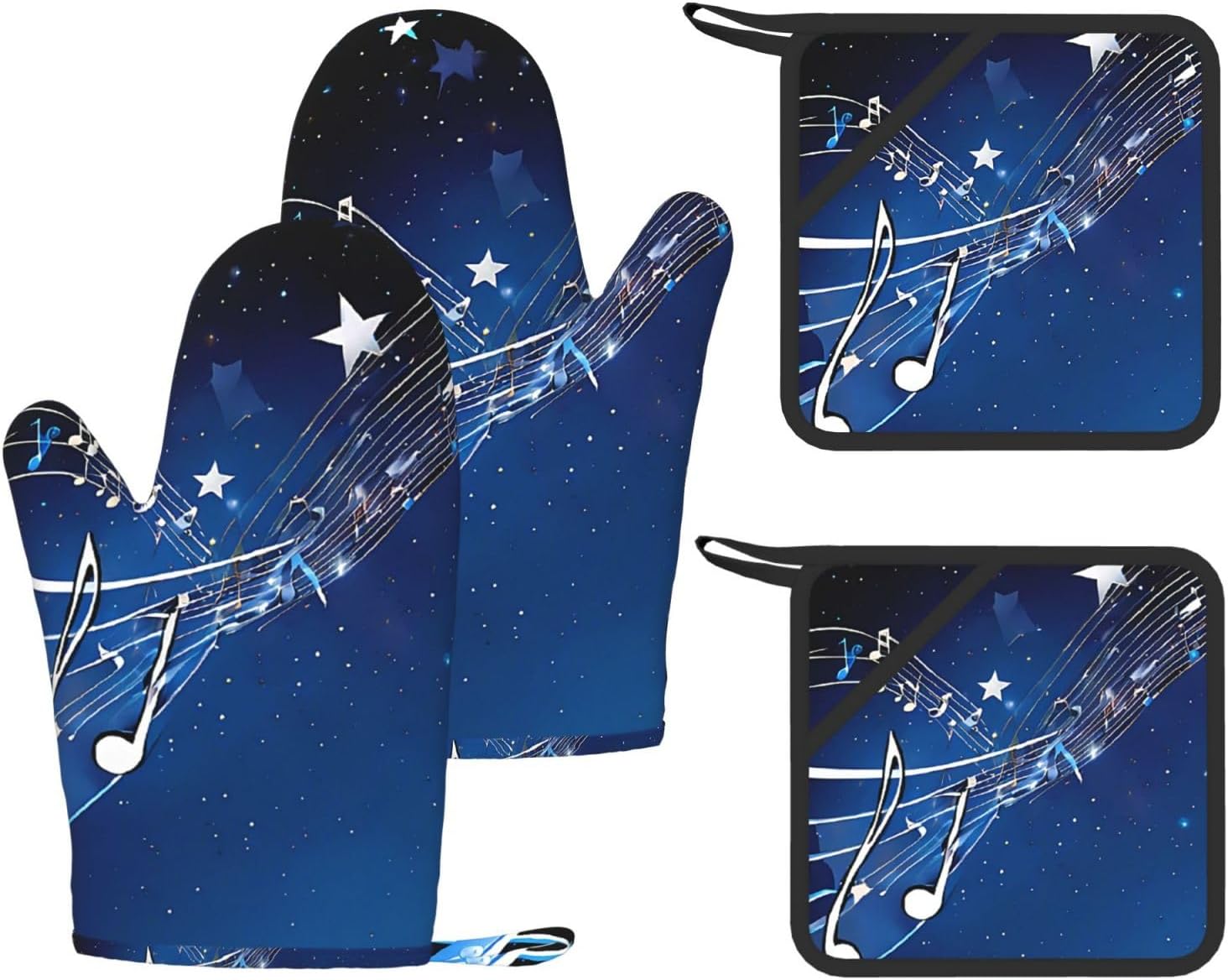 Blue Music Oven Mitts and Pot Holders Set of 4 Heat Resistant Kitchen Gloves with Silicone Palm Hot Pads for Baking Cooking Grilling BBQ