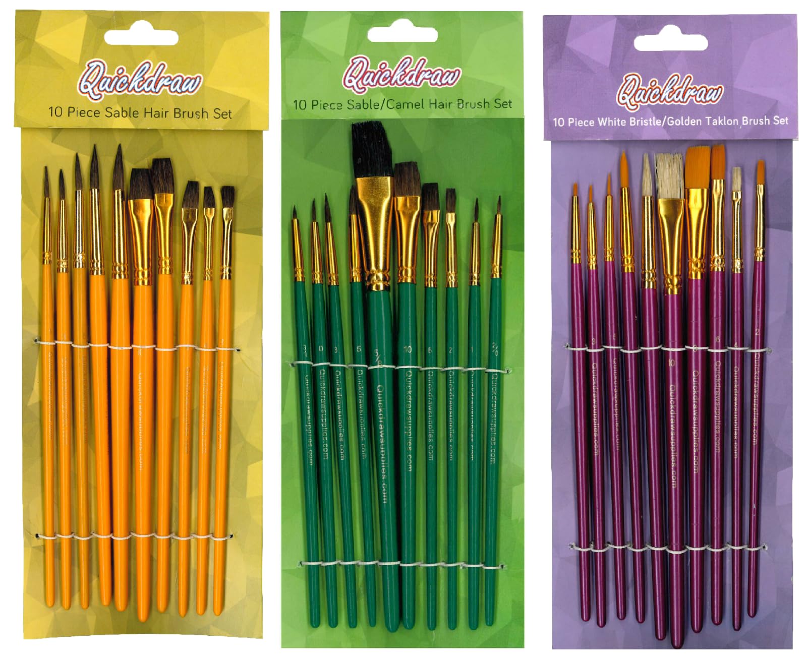 30 x Artist Paint Brushes 3 x 10 Piece Brush Sets Sable Camel Taklon Flat & Round Art Painting Tools