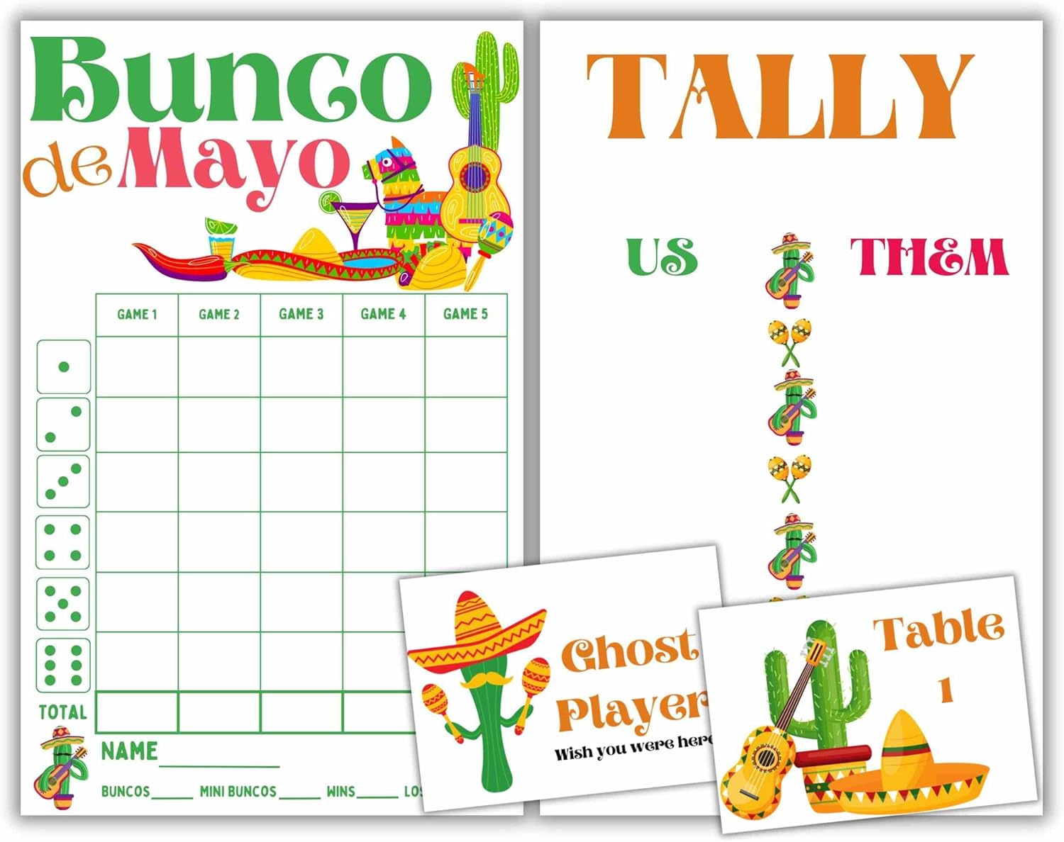 Cinco de Mayo Bunco Theme Set - Bunco Score Sheets - Fiesta Themed Bunco - Cinco de Mayo Scorecards - Tally Sheets - Ghost Player - Bunco Babes - Bunco Game Kit for Game Night - May Theme Night