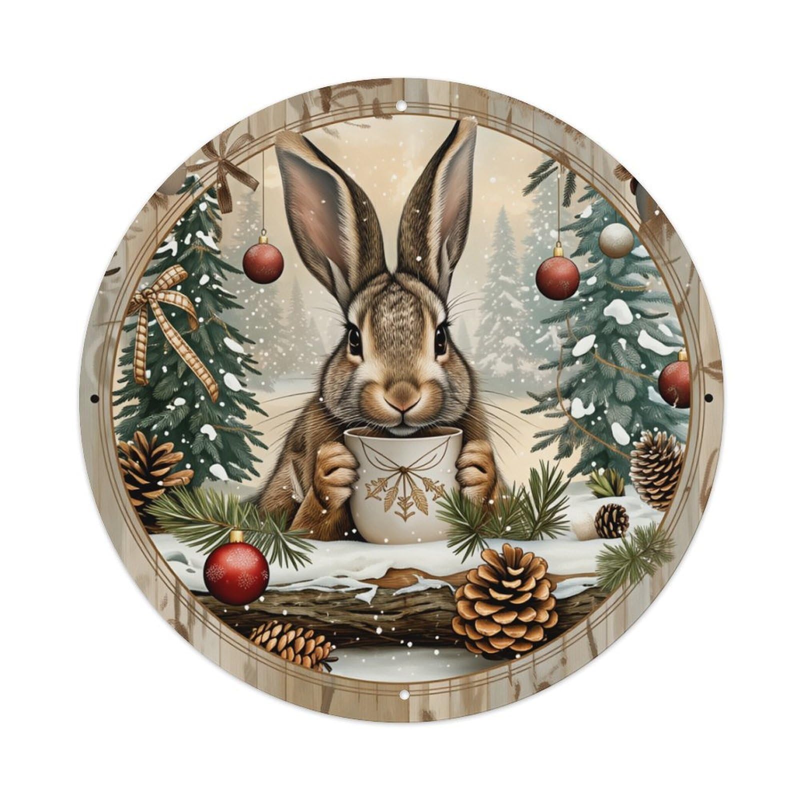 Christmas Rabbit With Mug Pinecones Round Tin Sign Retro Metal Sign for Cafe Bar Pub Home Game Room Gym Club Wall Decoration Vintage Metal Poster 8x8 Inch
