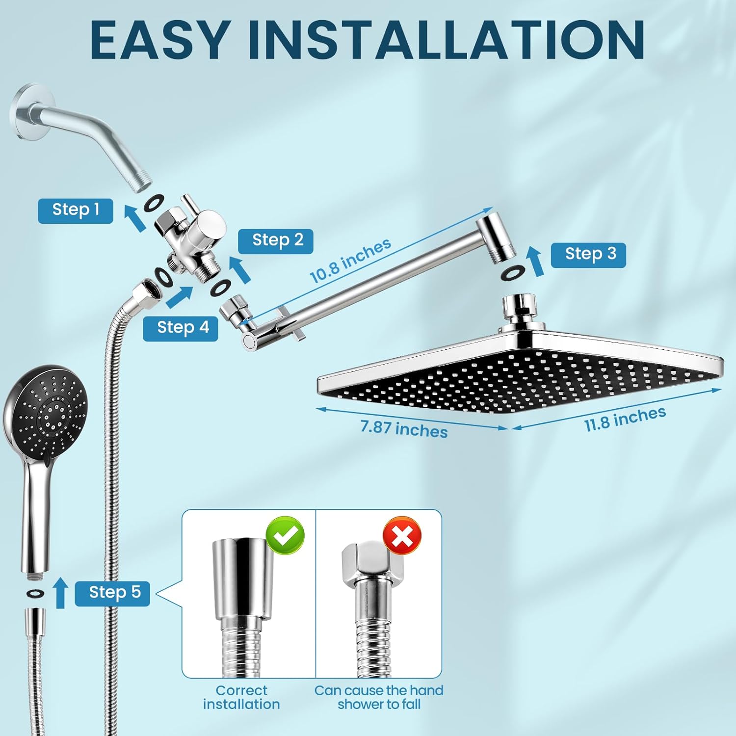 High Pressure Rainfall Showerhead Combo with Arm for Bathroom Accessories, Rain Shower Head with Handheld, Detachable Dual Shower with Multi Modes Handheld Spray Chrome