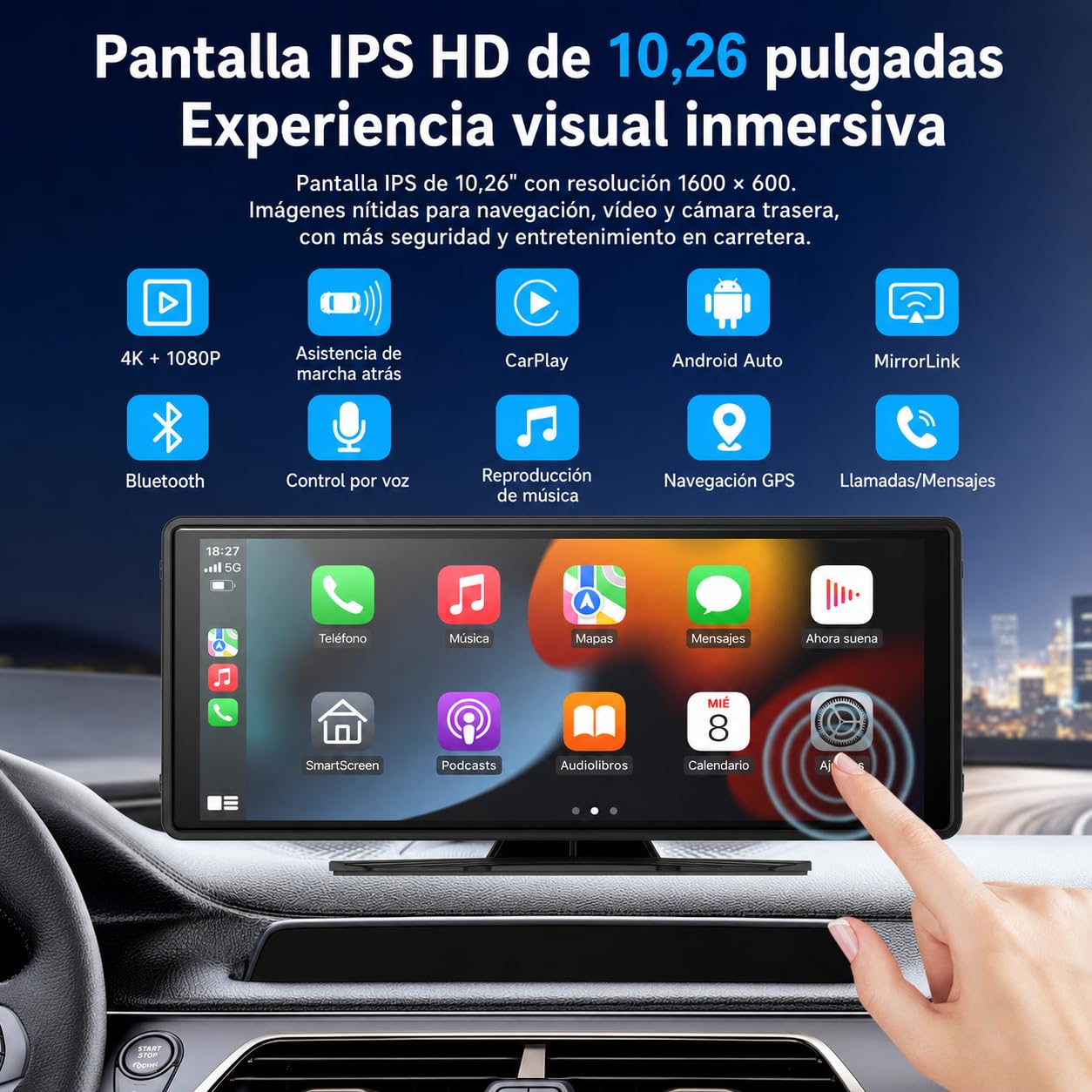 Pantalla CarPlay Coche 10,26", Pantalla Portátil para Coche con CarPlay Inalámbrico y Android Auto, Dash CAM 4K, Admite Cámara Trasera 1080P, IPS Táctil, Mirror Link, BT/FM/AUX, 64GB TF, 12V/24V