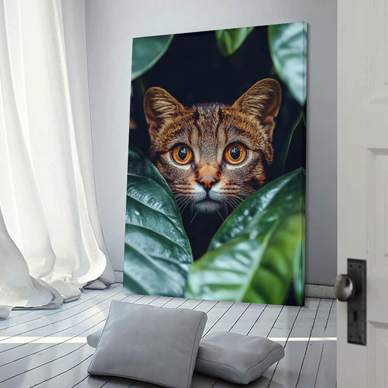 Junmoney Frame-Style-16 Wild Cat Peeking Through Green Leaves Home Decor Wall Art, 12X18inch(30X45cm), For Wall Displays, Bedrooms Or Room Updates, Ideal For Building A Coordinated Art Wall