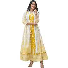 Juniper Mustard Ethnic Motif Printed Cotton Kurta & Shrug with Doris