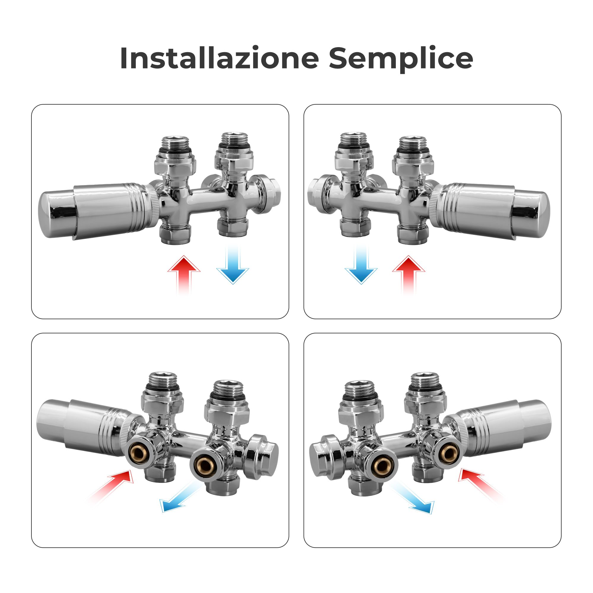 Vancoco Valvola Radiatore Angolare Valvole per Radiatori con Blocco H Connessioni Centrali da 50 mm Universale Valvola Radiatore Con Testa Termostatica Valvola per Termosifone Cromo
