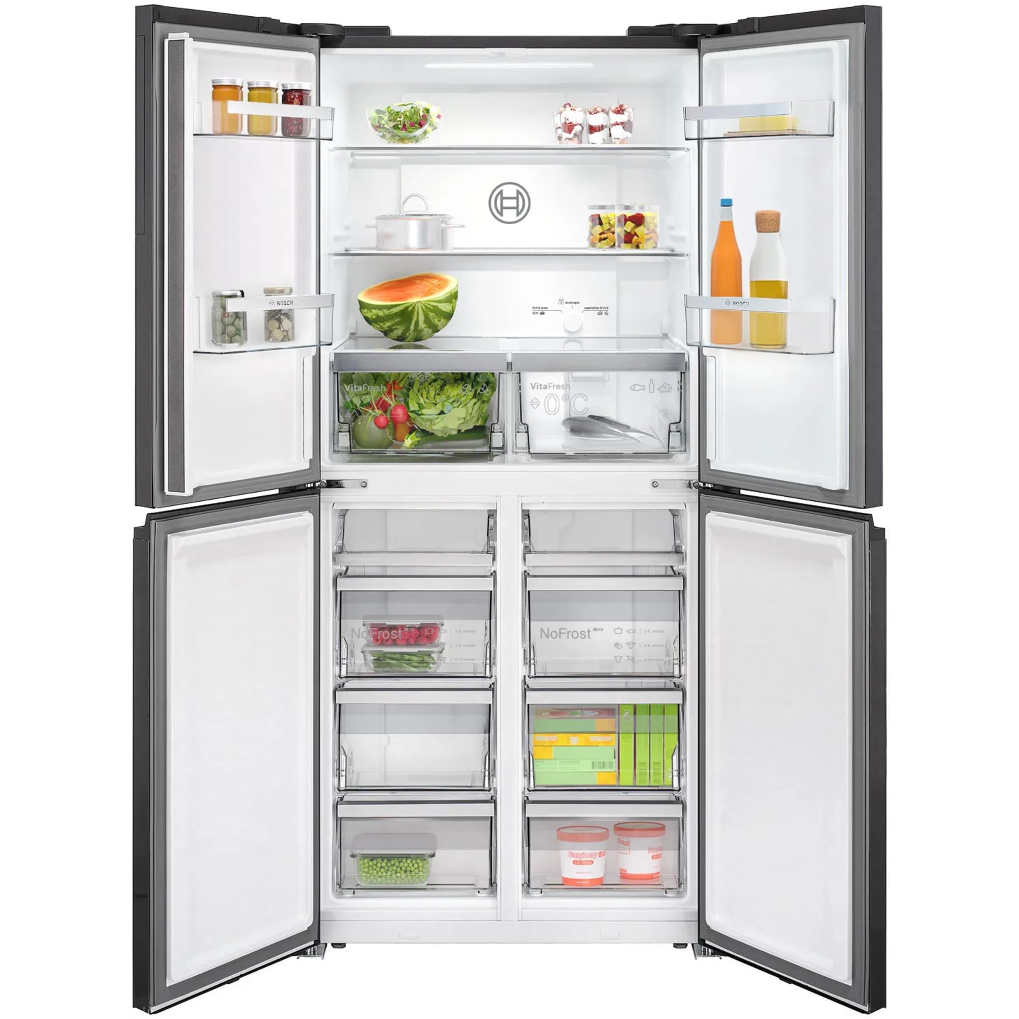 Bosch KMC85LEEA, Serie 4, French Door Kühlschrank, 189,5 x 85,5 cm, 324 L Kühlen + 223 L Gefrieren, NoFrost, Vita Fresh XXL Schublade für längere Frische, Ablagen aus Sicherheitsglas, Glasfront Grau