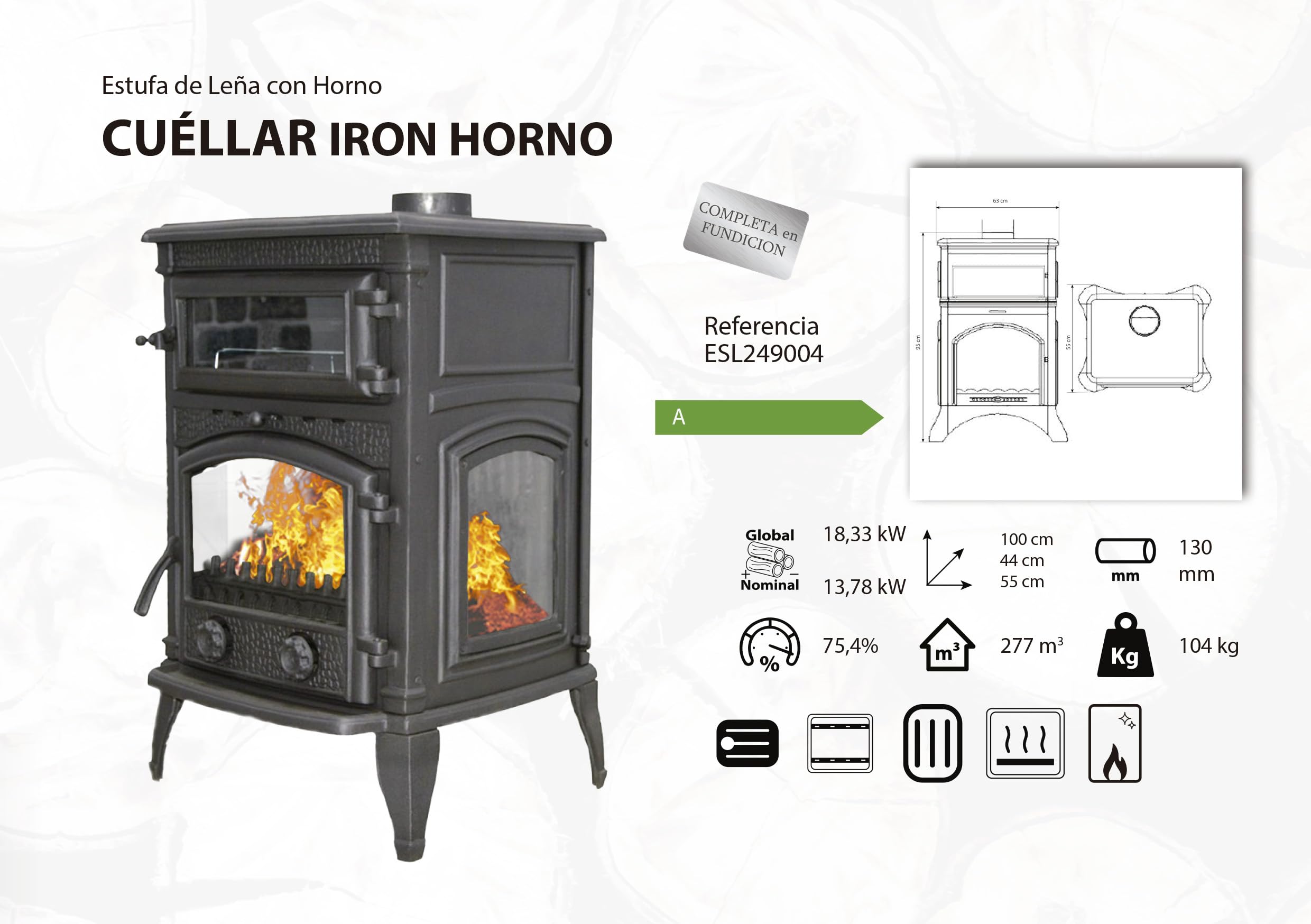EIDER Poêle à bois 18,33 kW Cuella Iron Four 100 x 44 x 55 cm 277 m³ Classe A Fonte triple vision
