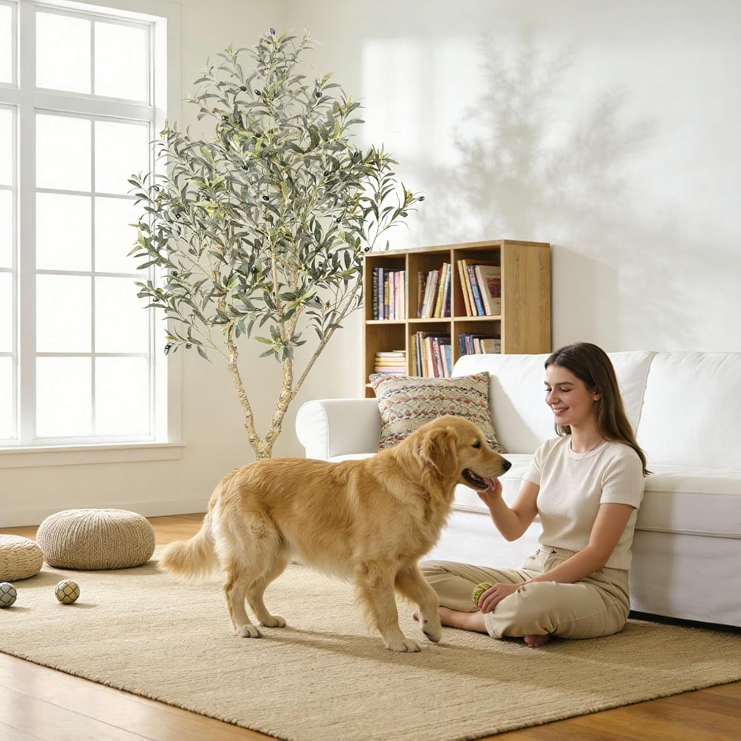 6FT Artificial Olive Tree with Elegant Planter & Moss, Faux Olive Tree Indoor with Natural Wood Trunk & Lifelike Leaves, Tall Fake Plant for Living Room Home Office Decor – Housewarming Gift