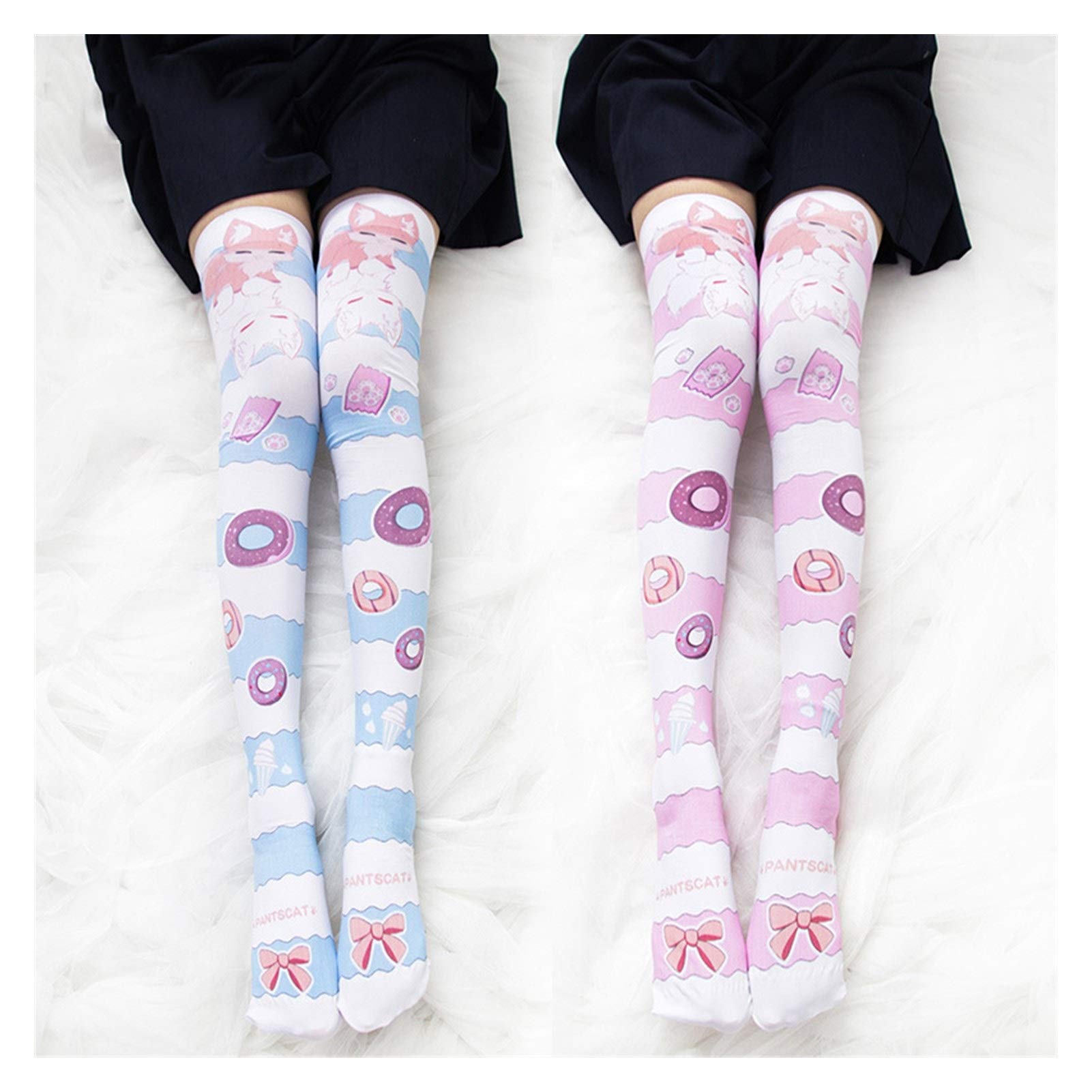 Kleine Donut ursprüngliche rosa Streifen Lolita Bogen Strümpfe blau Druckstrümpfe Warm (Color : Pink)