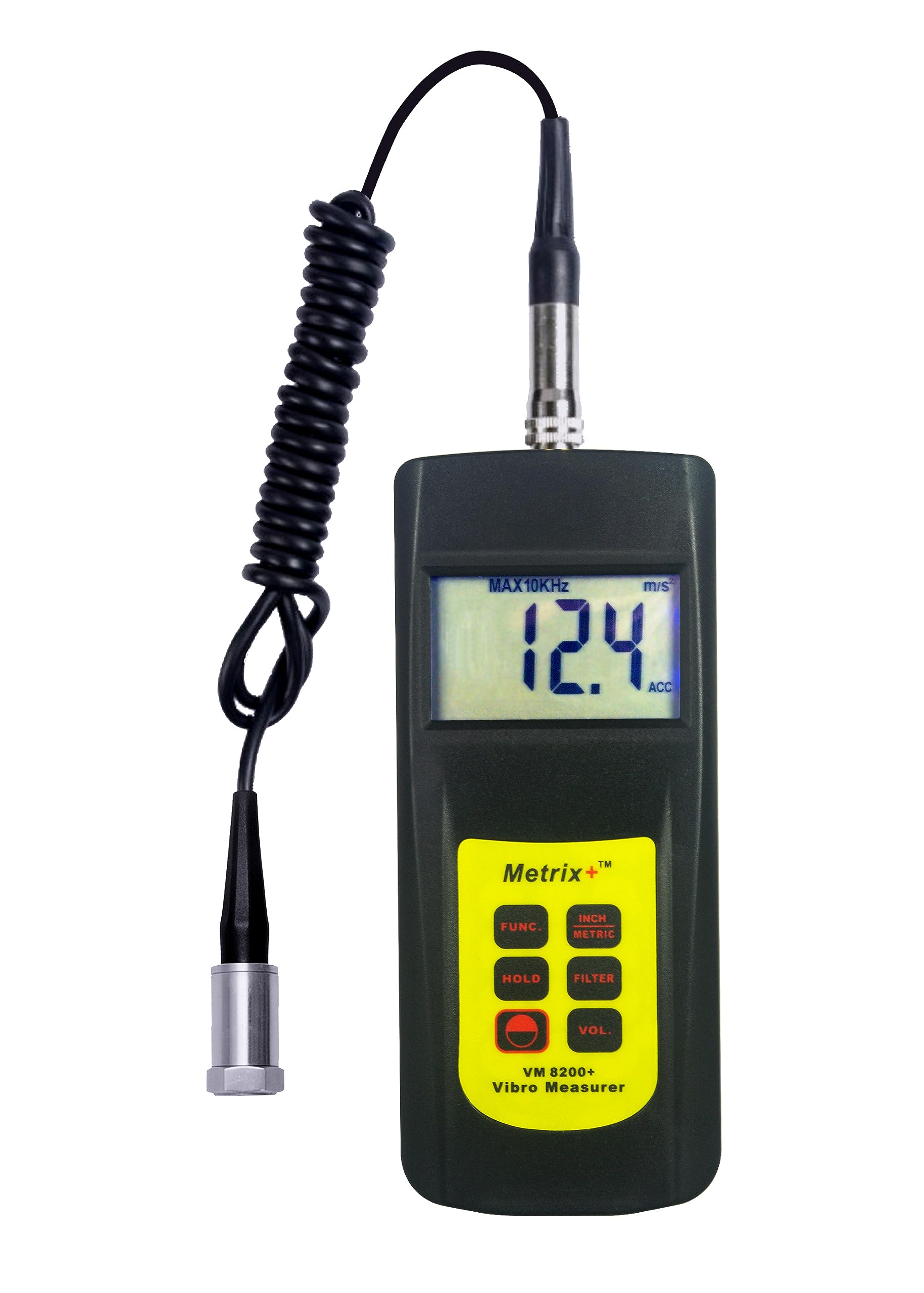 Metrix+ VM 8200+ Digital Vibration Meter | Acceleration, Velocity and Displacement measurements | Flexible probe with magnet | Backlit