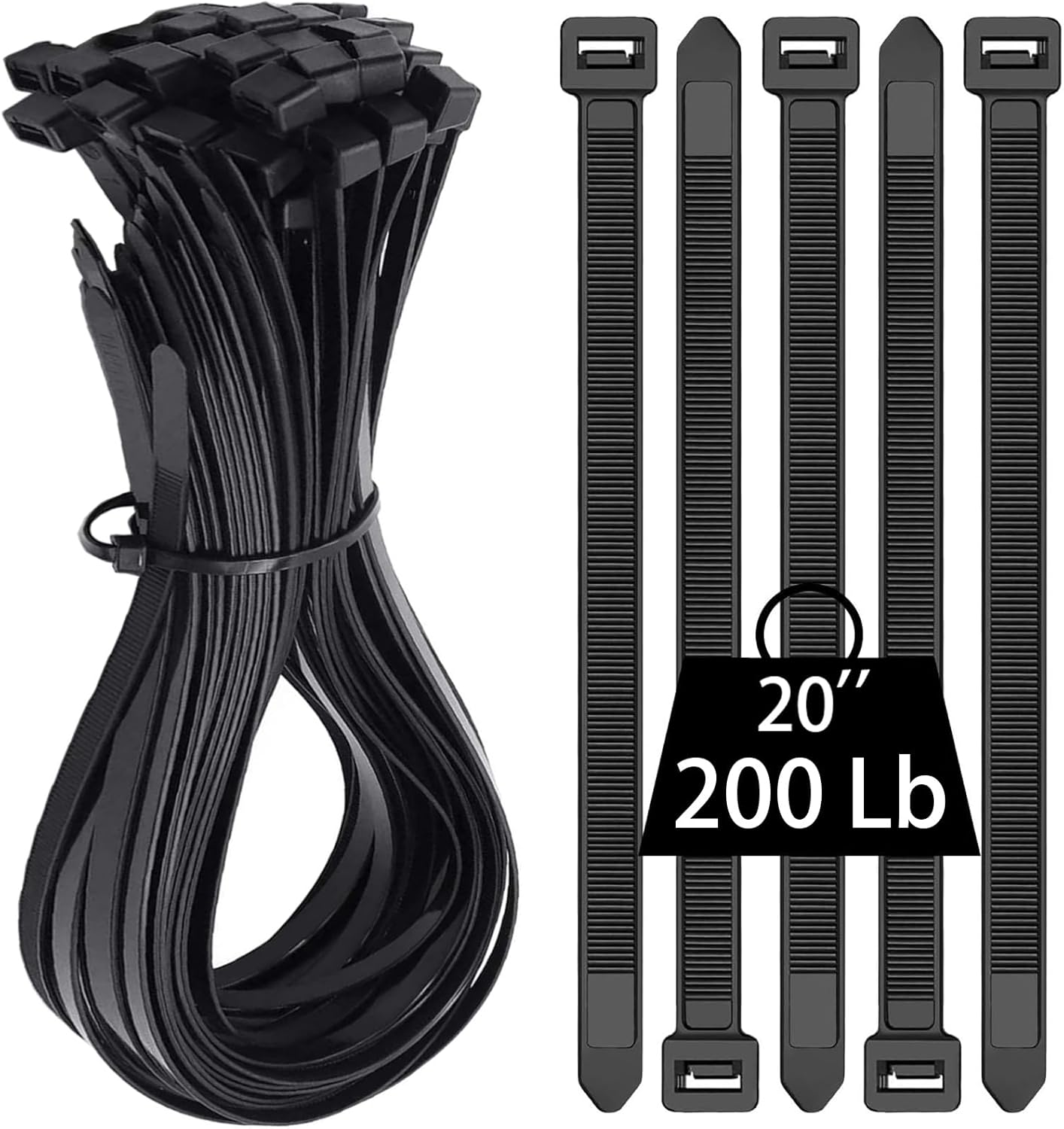 Zip Ties Heavy Duty 20 inch，200 LBS Tensile Strength Durable Long Cable Ties ，Large Wire Ties Adjustable Nylon Tie Wraps for Indoor Outdoor（ 50 pcs Black）