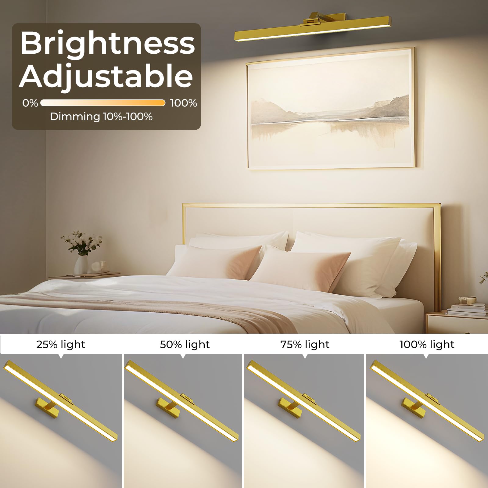 AIBOO - Lámpara LED inalámbrica recargable con mando a distancia, 60 cm, iluminación de imagen inalámbrica, 6500 mAh, lámpara de pared interior, iluminación regulable (dorado)