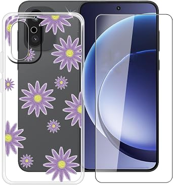 Clear Case for OnePlus 15R CPH2767 6.83" with 1 x Tempered Glass Screen Protector, Slim Soft TPU Shockproof X Anti-Scratch Phone Cover for OnePlus 15R CPH2767 - Purple Flower