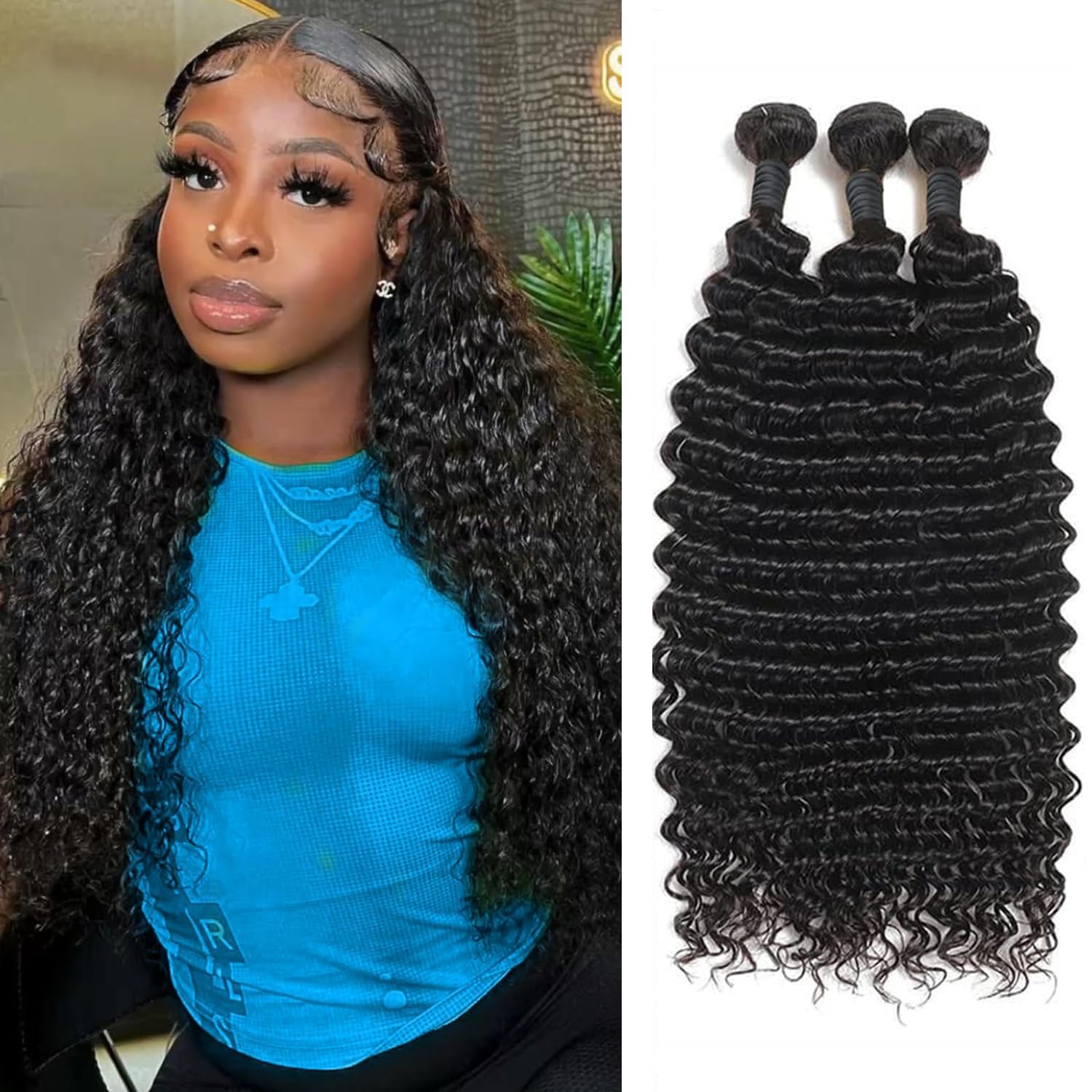 Tissage Bouclé Naturel Deep Wave Curly Bundles Human Hair 14 14 14 Pouces
