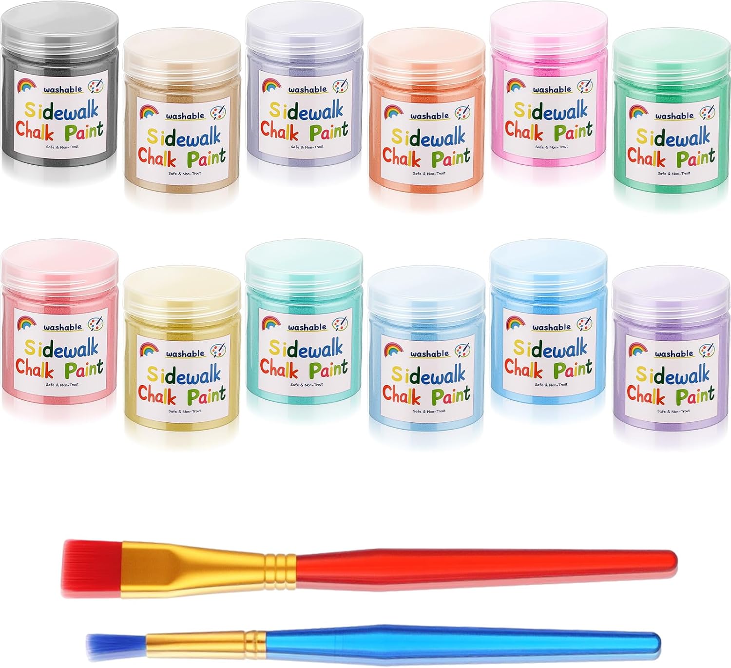 Faccito 12 Pcs Sidewalk Chalk Non Toxic Paint Kit Washable Powdered Chalks Mix in Water 12 Vibrant Colors with Paintbrush for Creative Sidewalk and Chalkboard Fun