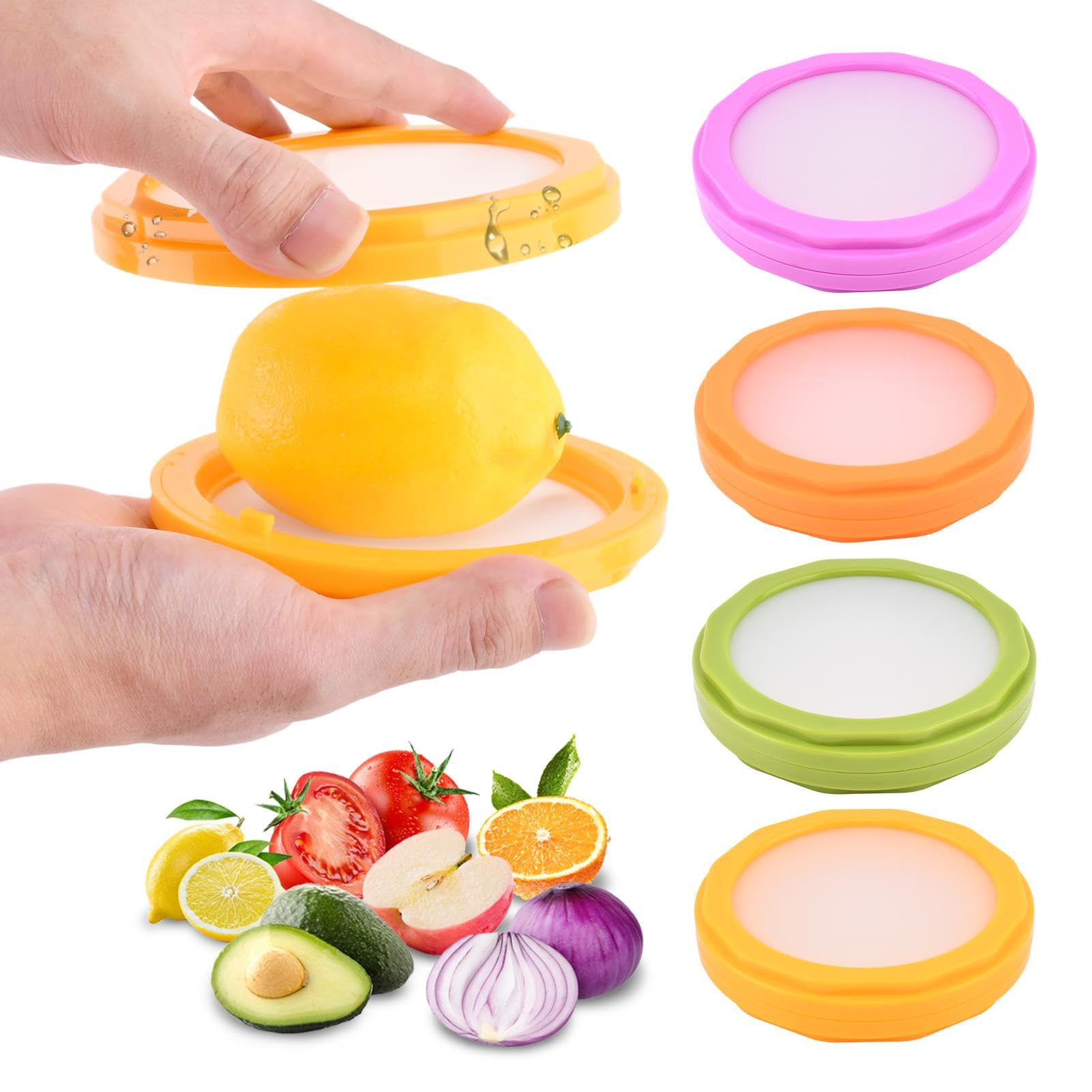 Avocado Saver and Tomato Holder, Set of 4 Reusable Double Side Silicone Food Storage Containers for Fridge, Upgrade Multifunctional and Ideal for Lemons, Cheese, Tomatoes, Potatoes, Garlic