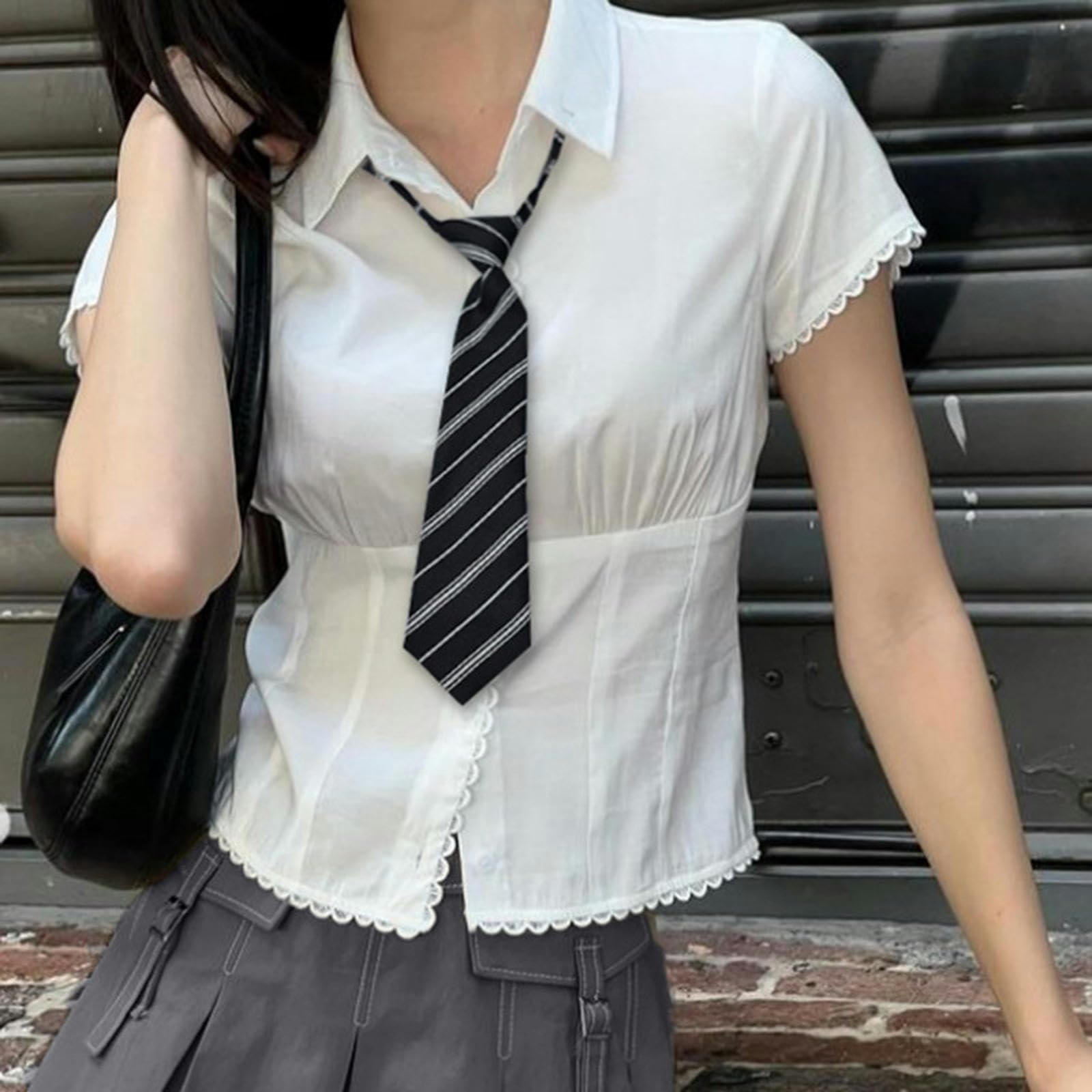 Camisa de Manga Corta con Botones y Solapa de Encaje para niñas, Top Corto versátil y Dulce Que Reduce la Edad - Blanco (Incluye Corbata) - L