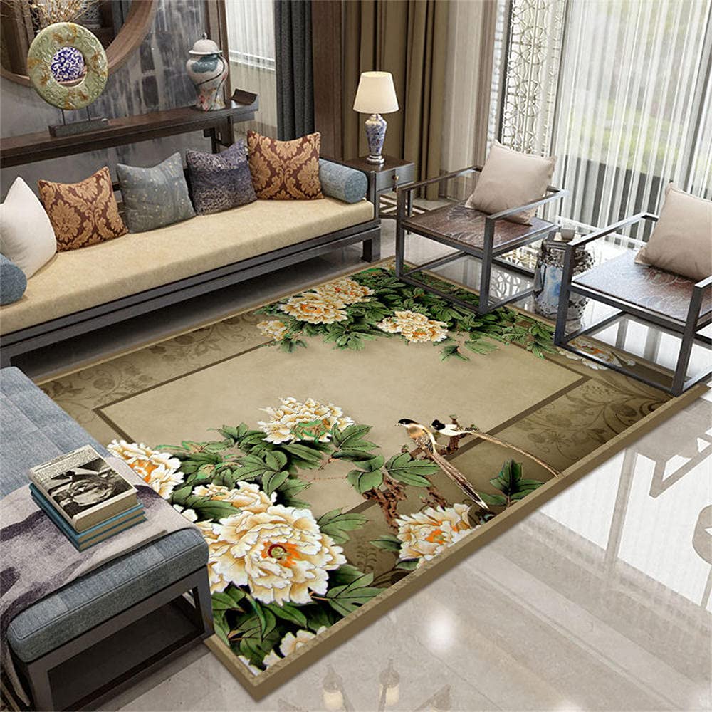 Tapis de salon moderne golden green multicolor oiseau fleur 3D 80x160cm
