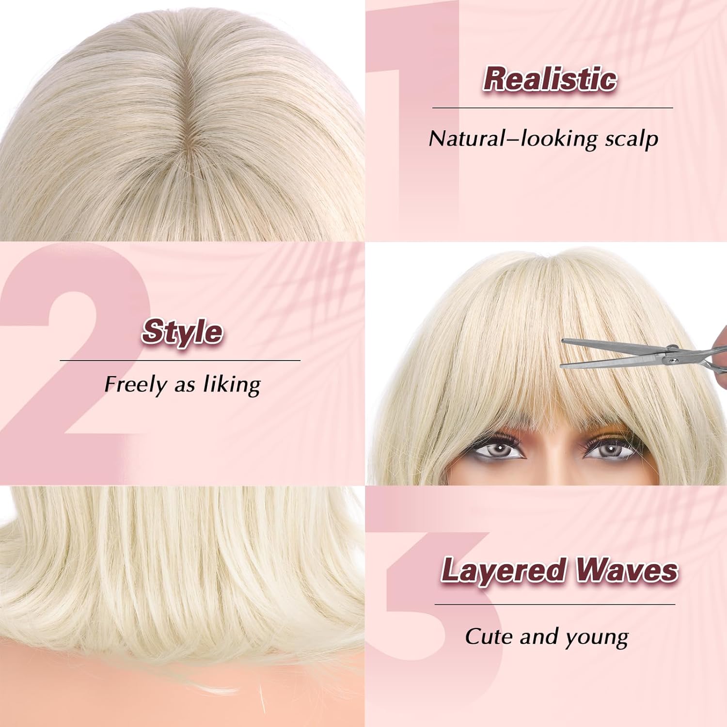 Haloo Blonde Short Bob Wigs with Bangs Shoulder Length Wavy Layered Flipped Ends Natural Looking Medium Synthetic Hair Wig for Women Daily Party, 14 Inch Light Blonde
