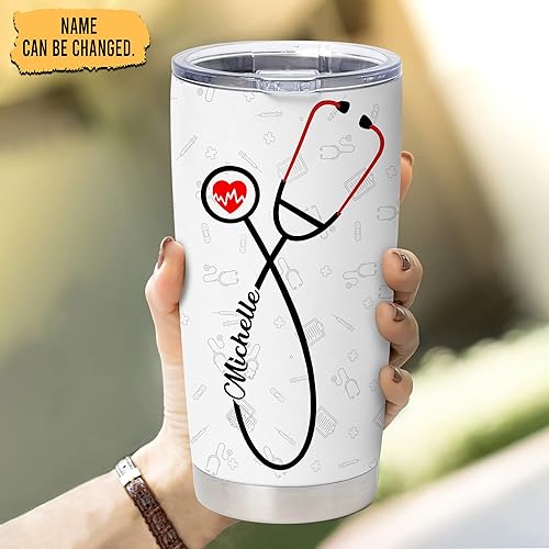 Vista 2 de Hyturtle Regalos personalizados para enfermeras para mujeres, cumpleaños, Navidad, estetoscopio, enfermera, vaso de acero inoxidable con nombre