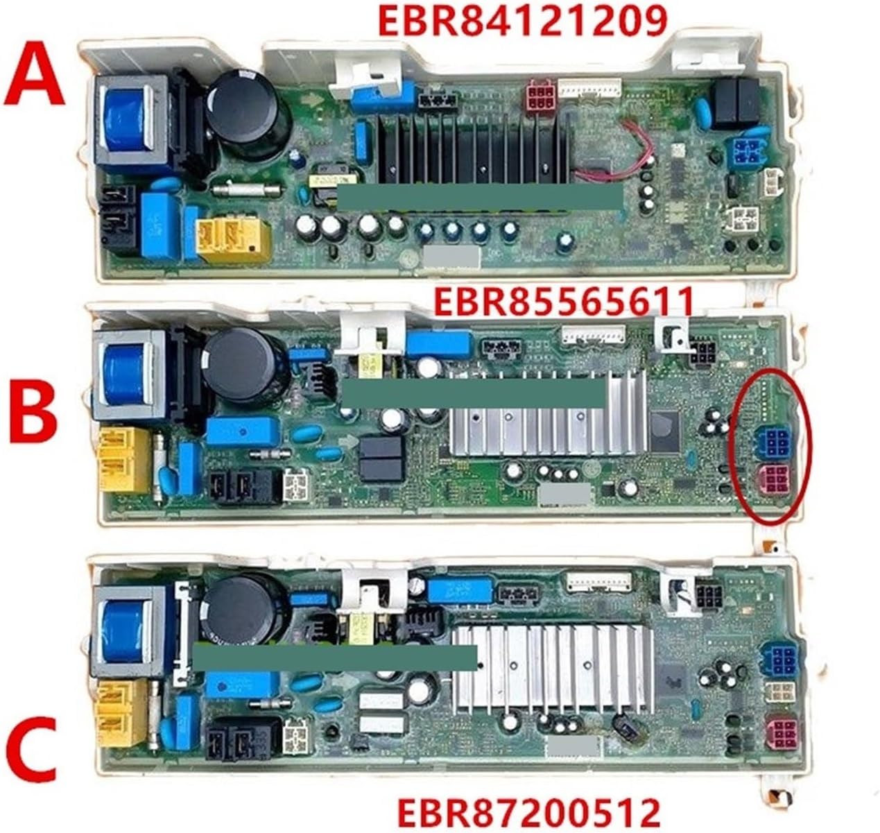 Three NieKe washing machine computer boards labeled A, B, C with specific model numbers for identification.
