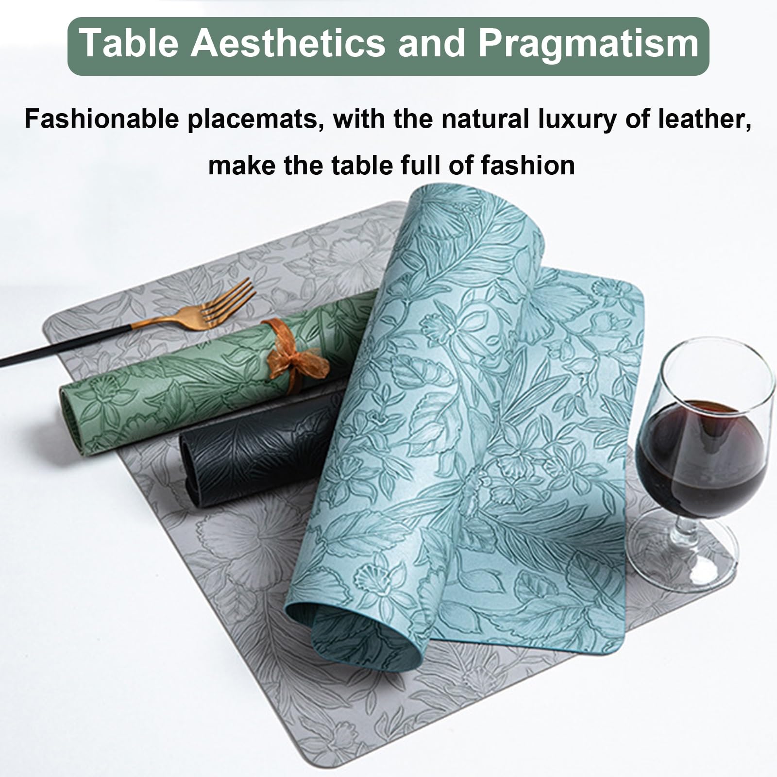 Tovagliette in pelle, set da 4/6, impermeabili e lavabili, con motivo floreale in rilievo, moderne tovagliette per cucina/sala da pranzo/feste/esterno(Grigio,Set of 6)