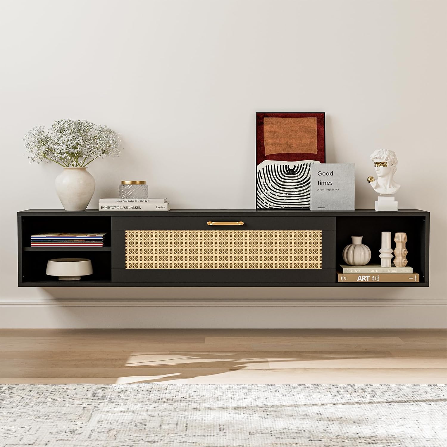 IKIFLY Floating TV Stand for 75 Inch TV, Mid Century Modern Center TV Stand w/Rattan Cabinet Door, Wall Mounted TV Cabinet, Entertainment Media Console Large Storage TV Shelfs for Living Room Black