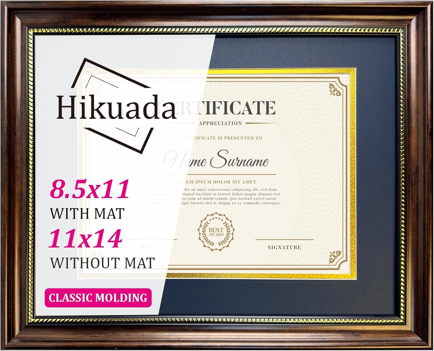 Diploma Frame 8.5 x 11 with Blue over Gold Mat or Display 11x14 Document without Mat Certificate Degree Graduation Gifts Mahogany with Gold Beads Wall Mount&Tabletop Display