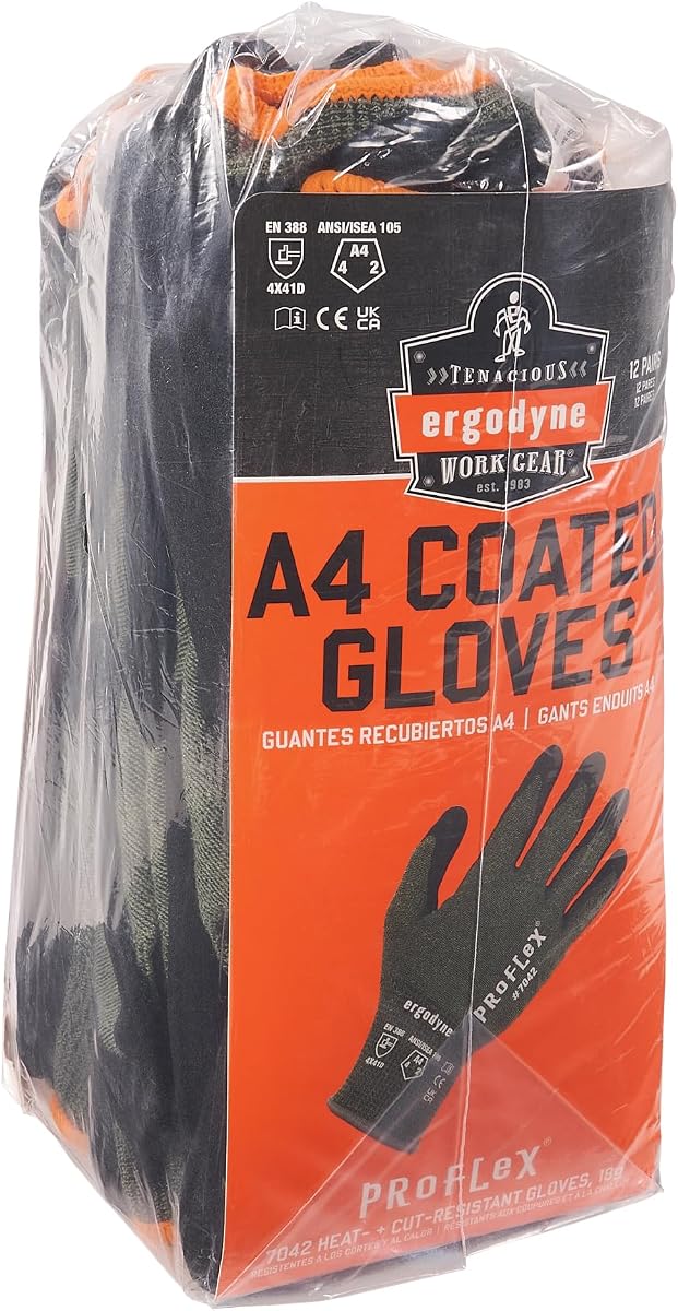 Ergodyne ProFlex 7042 Guantes de trabajo resistentes a cortes, ANSI A4, resistentes al calor por contacto, palmas recubiertas de nitrilo arenoso, aramida de 18 g