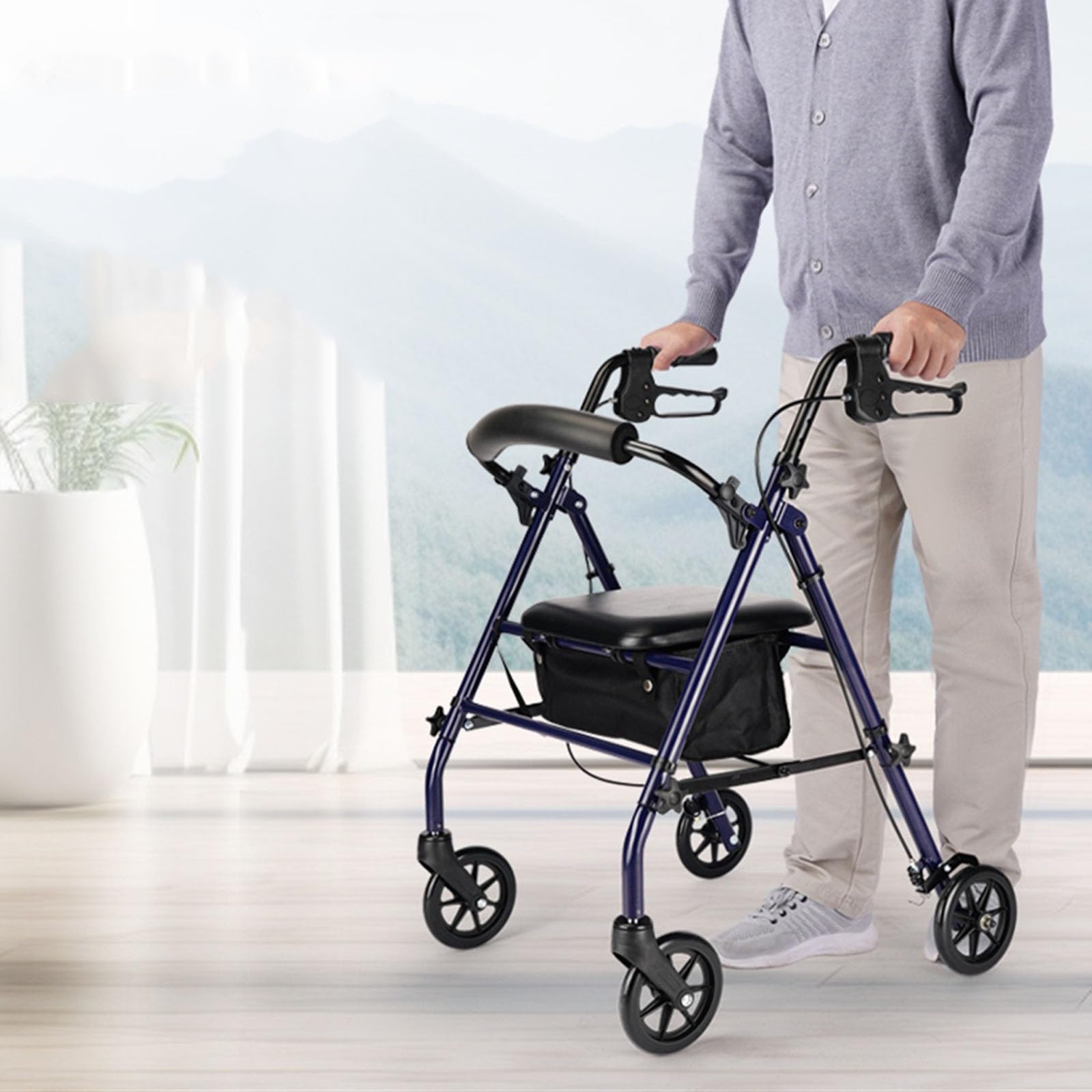 Andador para Ancianos Andador con Ruedas de 4 Ruedas con Asiento, Andador con Ruedas de Aluminio, Altura Ajustable, Ligero, Plegable, con Soporte for Cesta Andador Ligero