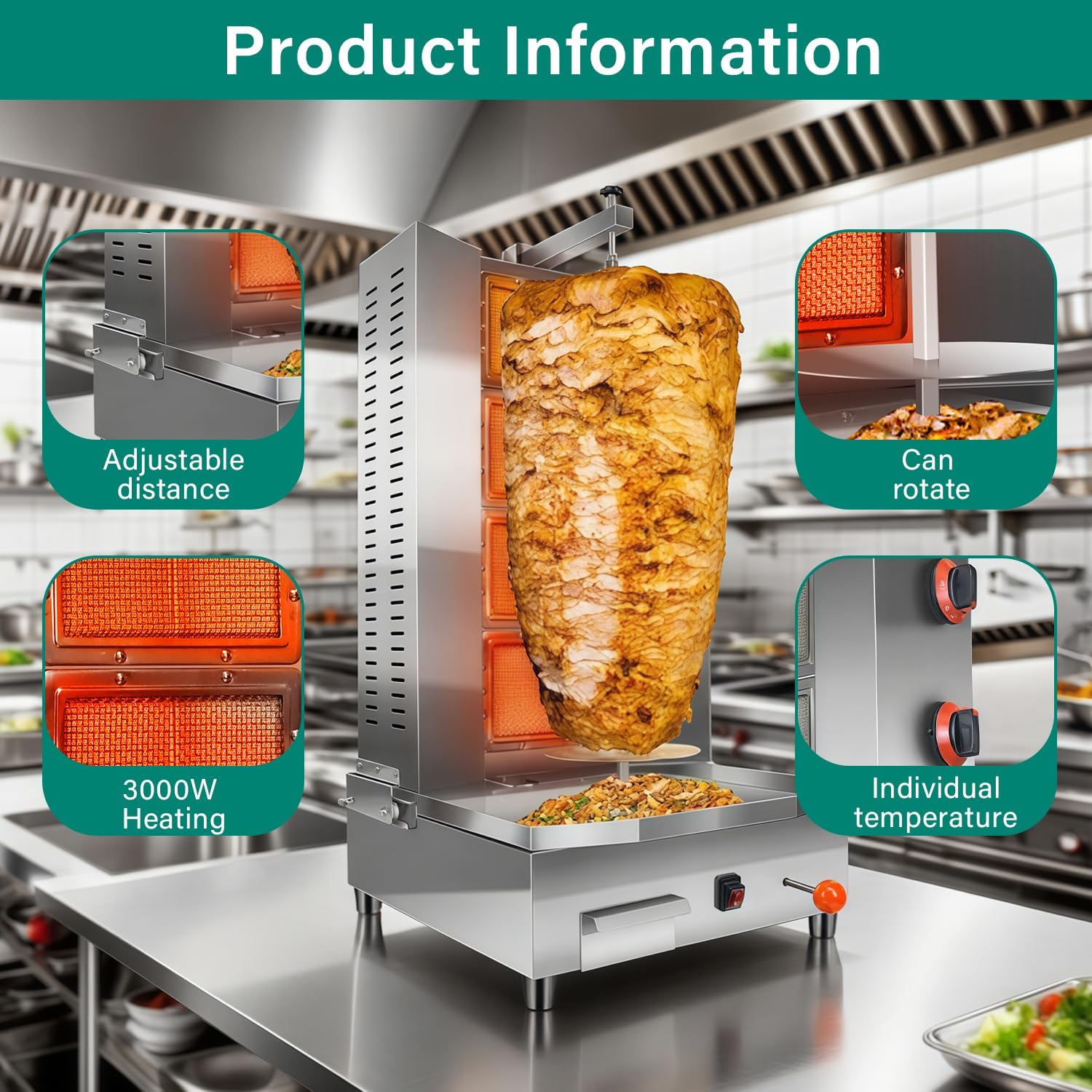 Li Zhen 4 Burners Shawarma Grill Machine Commercial Large Rotisserie Grill Kebab Vertical Rotisserie Propane Turkish Chicken Doner Kebab Broiler for Kitchen Restaurant