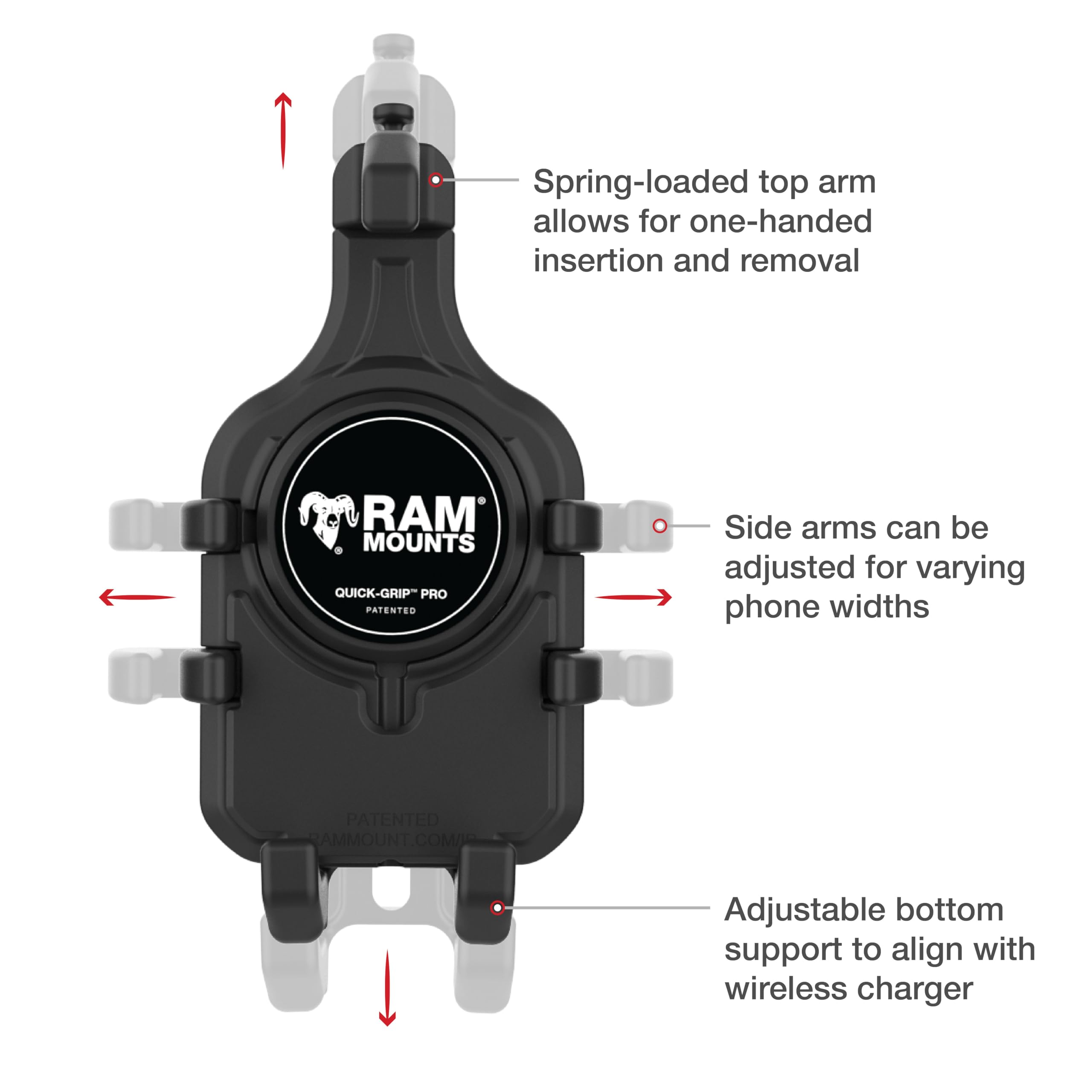RAM MOUNTS Quick-Grip Pro - Supporto per telefono con ventosa Twist-Lock | Sfera da 2,5 cm con braccio medio per parabrezza del veicolo e altre superfici non porose