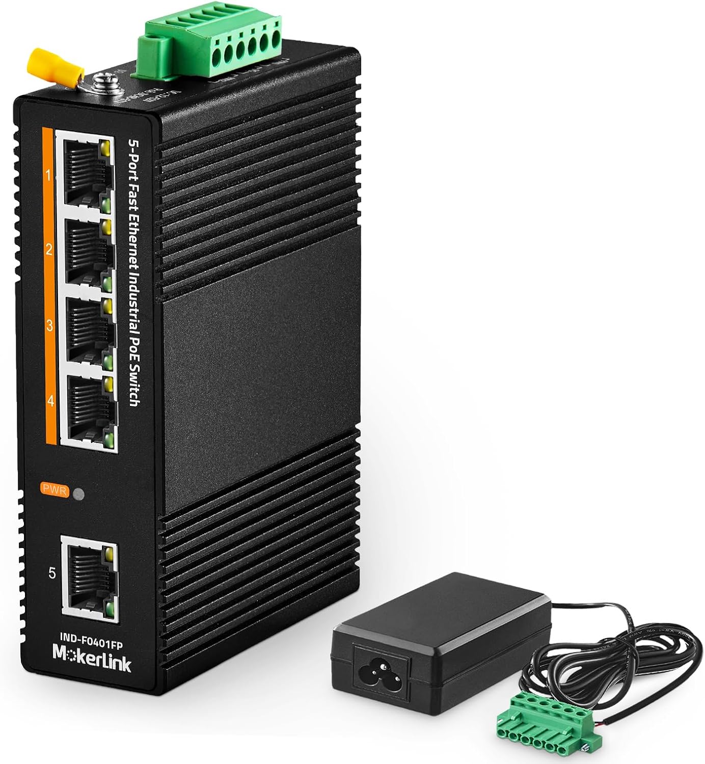MokerLink 5 Port PoE Industrial DIN-Rail Network Switch, 60W IEEE802.3af/at PoE Power, 10/100Mbps Fast Ethernet, IP40 Rated Network Switch (-40 to 185F), with UL Power Supply