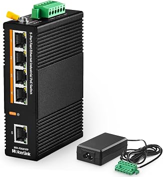 MokerLink 5 Port PoE Industrial DIN-Rail Network Switch, 60W IEEE802.3af/at PoE Power, 10/100Mbps Fast Ethernet, IP40 Rated Network Switch -40 to 185F, with UL Power Supply