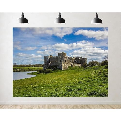 Trykid 7x5ft Castle Ruins Backdrop Green Pastures Calm Water Cloudy Sky Weathered Stones Rolling Hills Photography Background Fantasy Wedding Party Decoration Photo Booth Prop Fabric