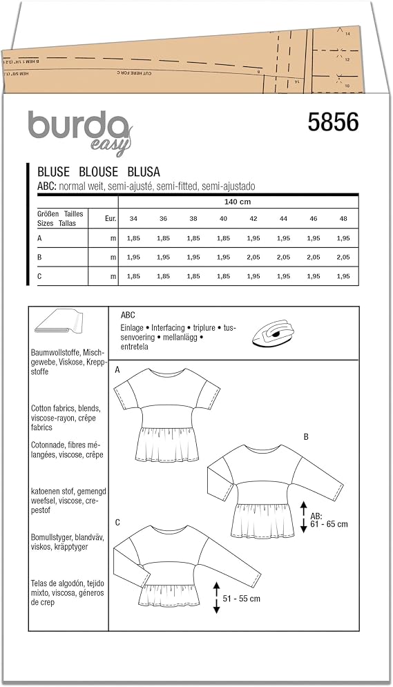 Burda Style X05856BURDA Misses' Slip-on Blouse Sewing Pattern Packet, Design Code B5856, Sizes 8-22 (34-48)