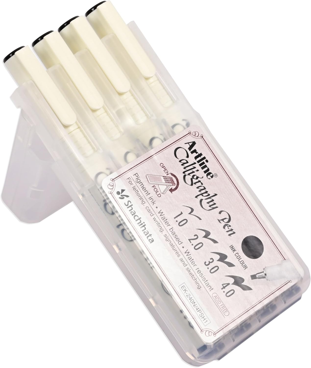 ARTLINE English Calligraphy Pen, Acid Free, Pigment Ink, Water Based Ink, Water Resistant, Set of 4 Pieces Assorted Line Size 1,2,3,&4mm, Black Color, Pack in Hard PVC Pen Holder-ARFPEPF-240/4PSH1