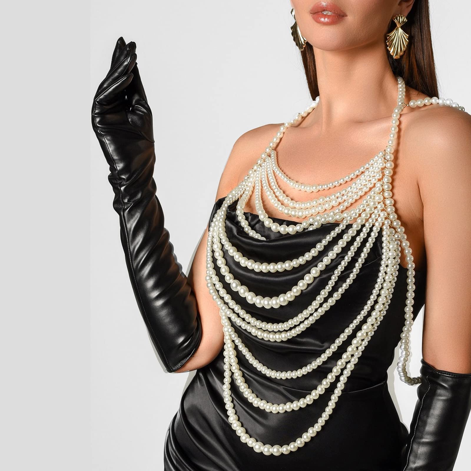 Collana multistrato con perline e perle per il corpo, bralette pettorale, gioiello per il corpo
